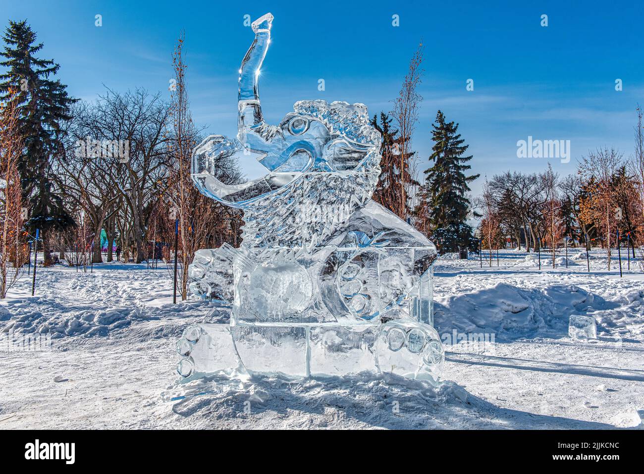 An ice sculpture of a elephant carved out of large blocks of ice in