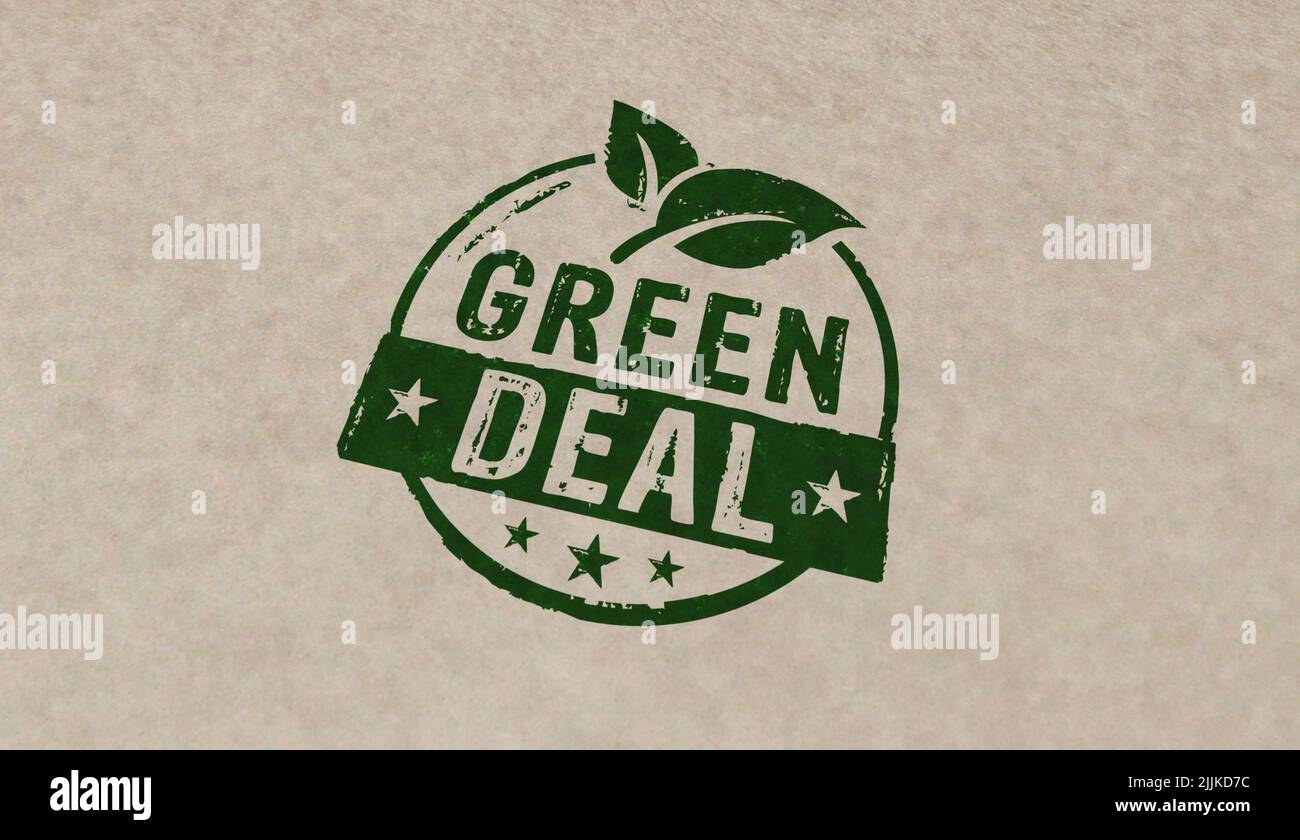 Green Deal stamp icons in few color versions. European Fit for 55 and reduce the greenhouse gas emissions concept 3D rendering illustration. Stock Photo