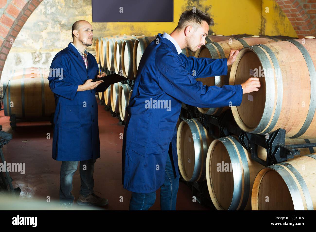 Wine makers in winery cellar Stock Photo Alamy
