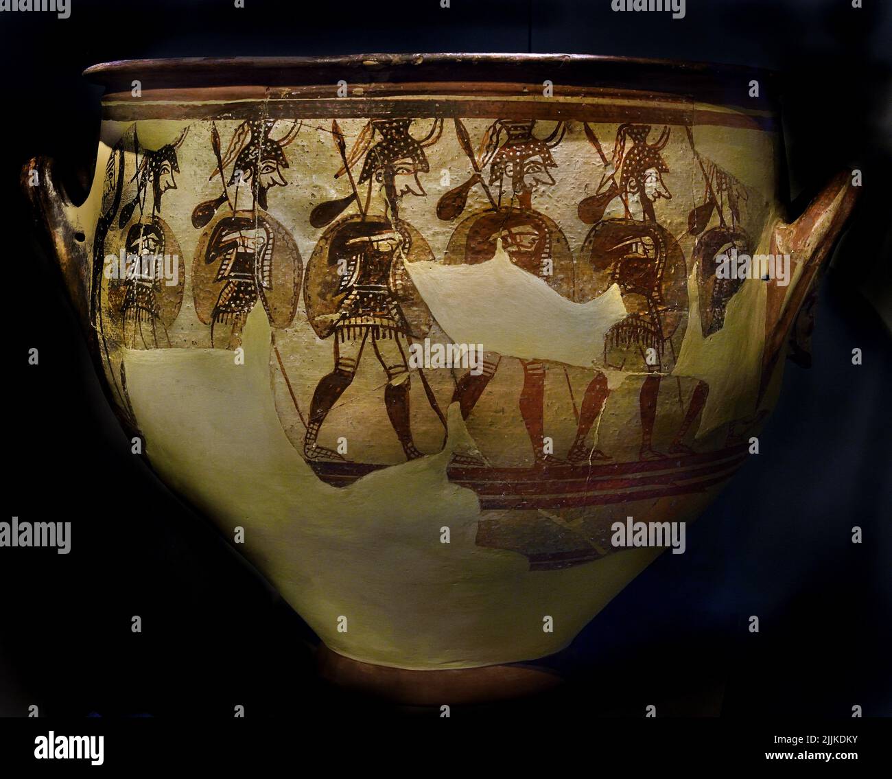 Marching soldiers on the Warrior Vase, , Large krater depicting men in full armour. ‘House of the Warrior krater’, Mycenae acropolis. 12th century BC, Mycenaean Greece , Mycenaean civilization, Bronze Age in Ancient Greece 1750 to 1050 BC, Mycenae, National Archaeological Museum in Athens. Stock Photo
