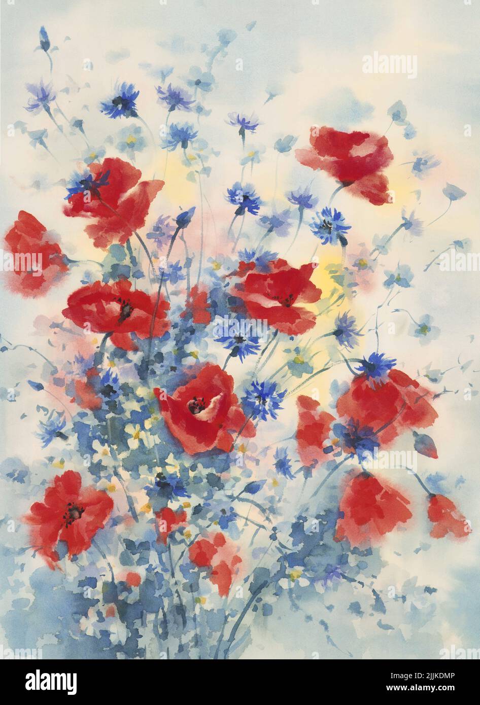 Red poppies and cornflowers in a bouquet watercolor background Stock ...