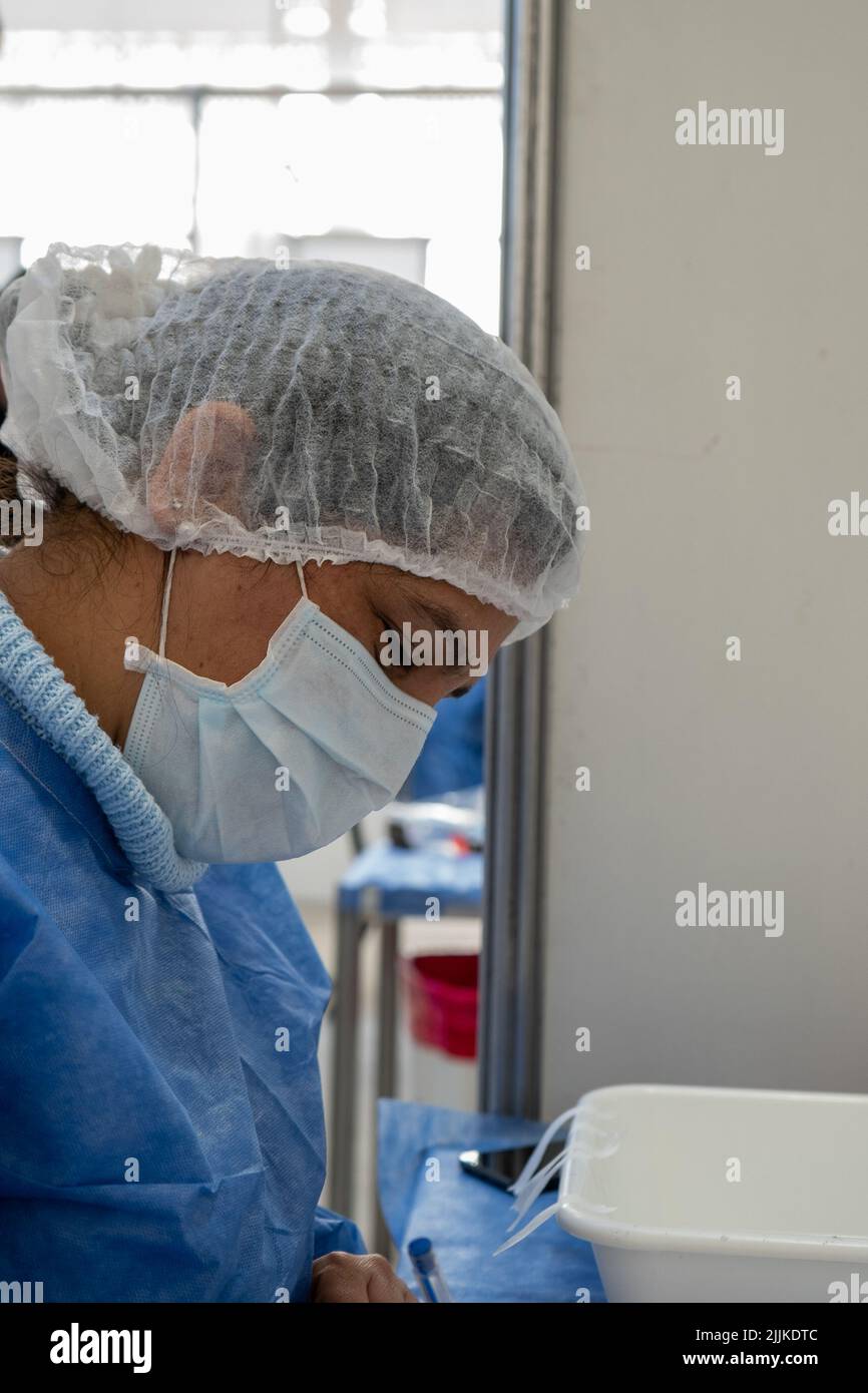 Nurse in profile with a mask and cap, about to vaccinate someone for covid 19 Stock Photo