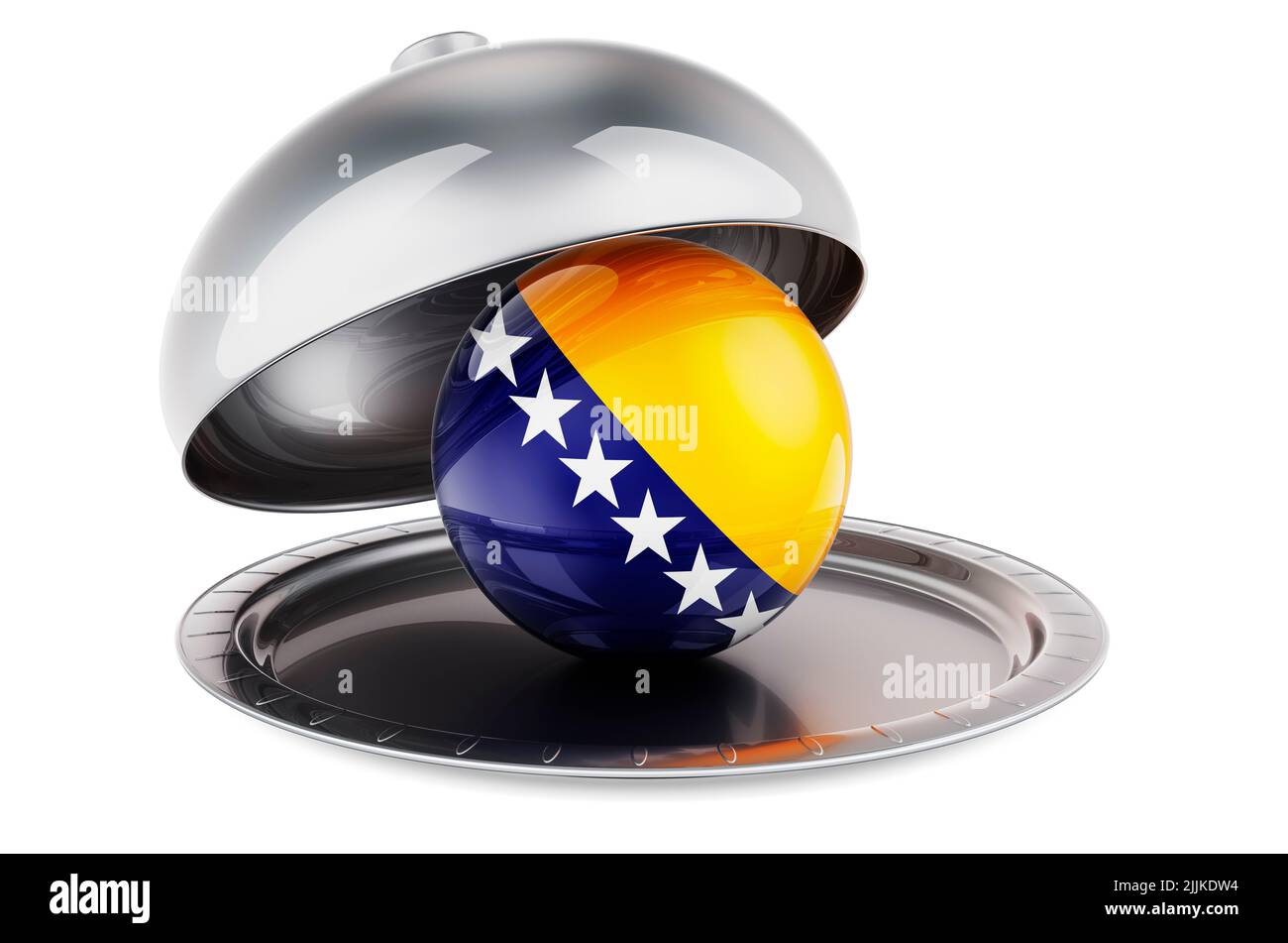 Restaurant cloche with Bosnian and Herzegovinan flag. 3D rendering ...