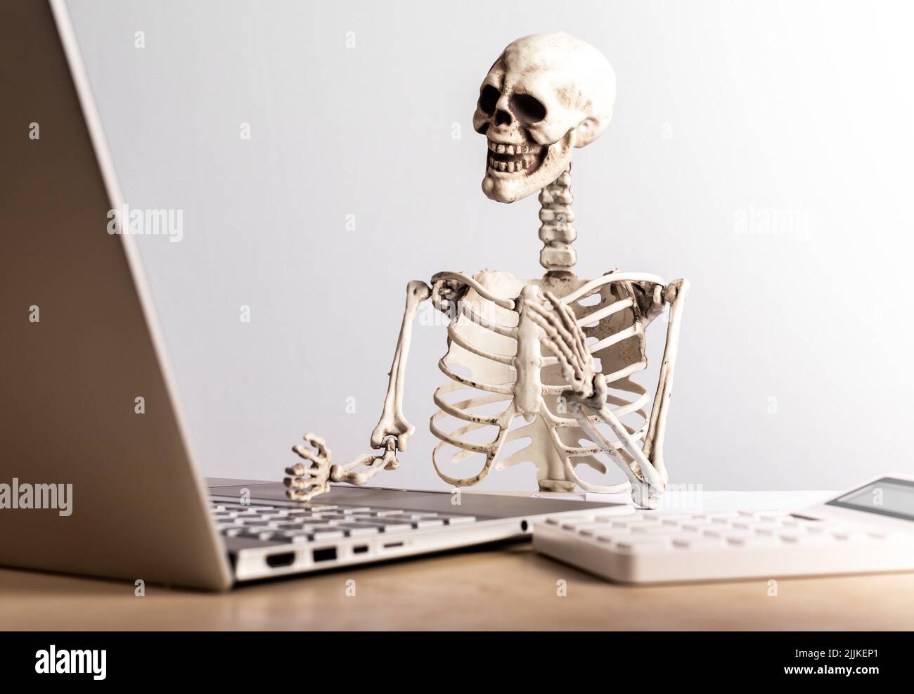 Job burnout. Skeleton sitting at table with laptop and calculator. Computer geek. Mental and physical exhaustion, fatigue, stress from work overload, deadlines. High quality photo Stock Photo