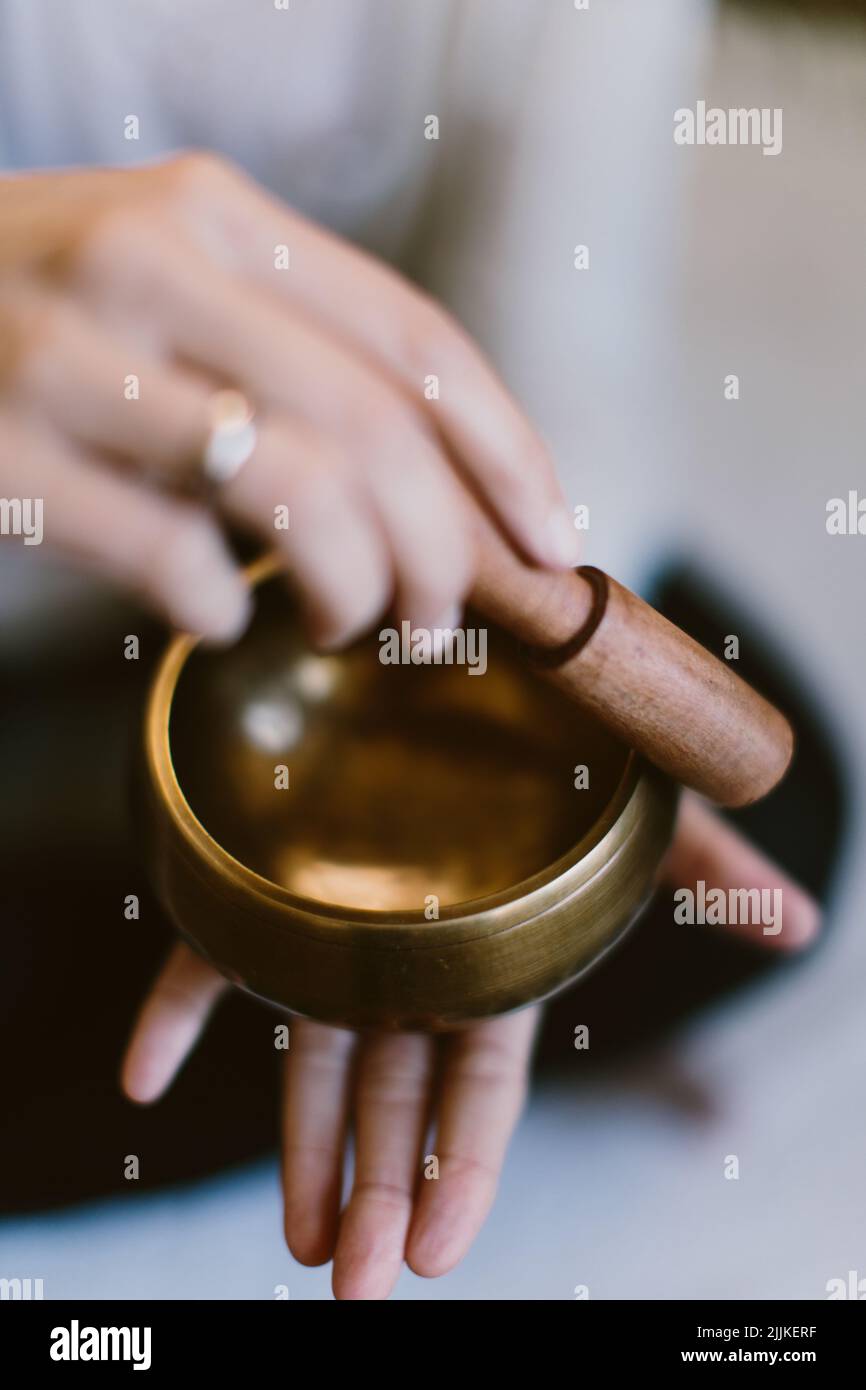 Woman Hand Holding Tibetan Bells Sound Therapy Stock Image , #AD, #Holding,  #Tibetan, #Woman, #Hand #AD