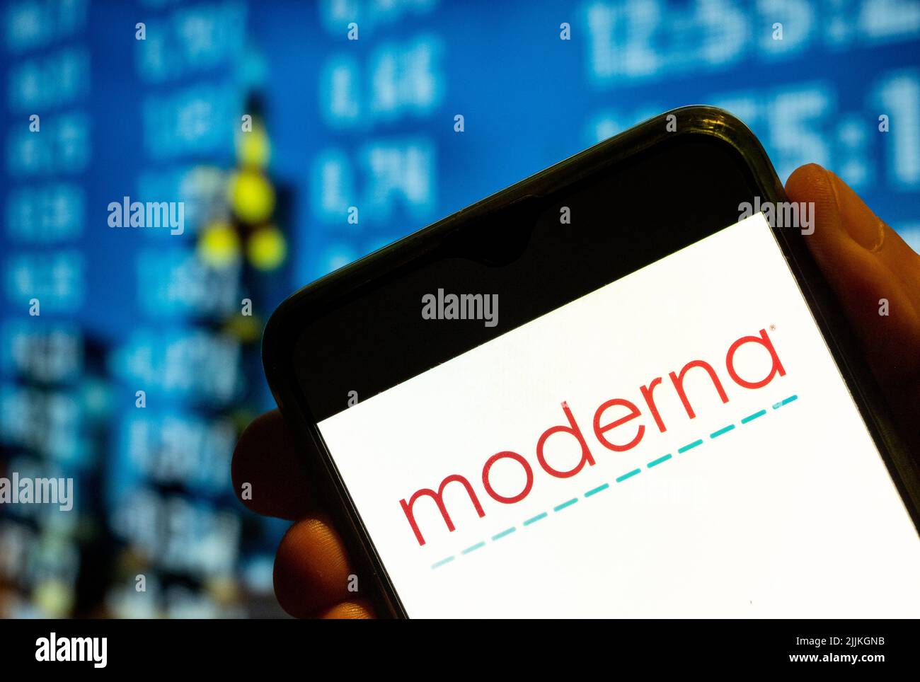China. 25th July, 2022. In this photo illustration, the American pharmaceutical and biotechnology company Moderna logo is displayed on a smartphone screen. Credit: SOPA Images Limited/Alamy Live News Stock Photo