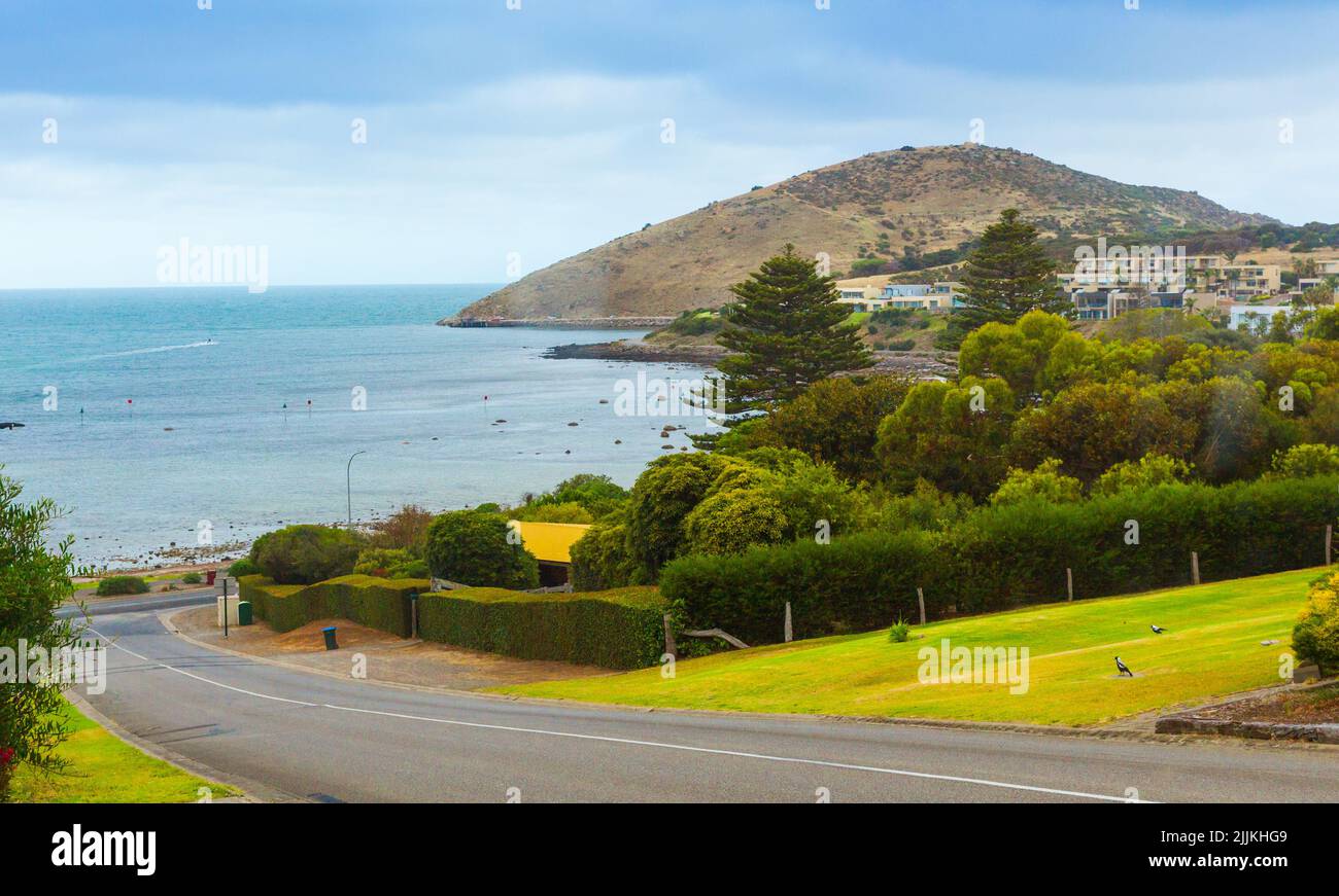 The seaside town of Victor Harbor on Encounter Bay in South Australia. Pictured: Victor Harbor looking towards the Bluff at Rosetta Head. Stock Photo