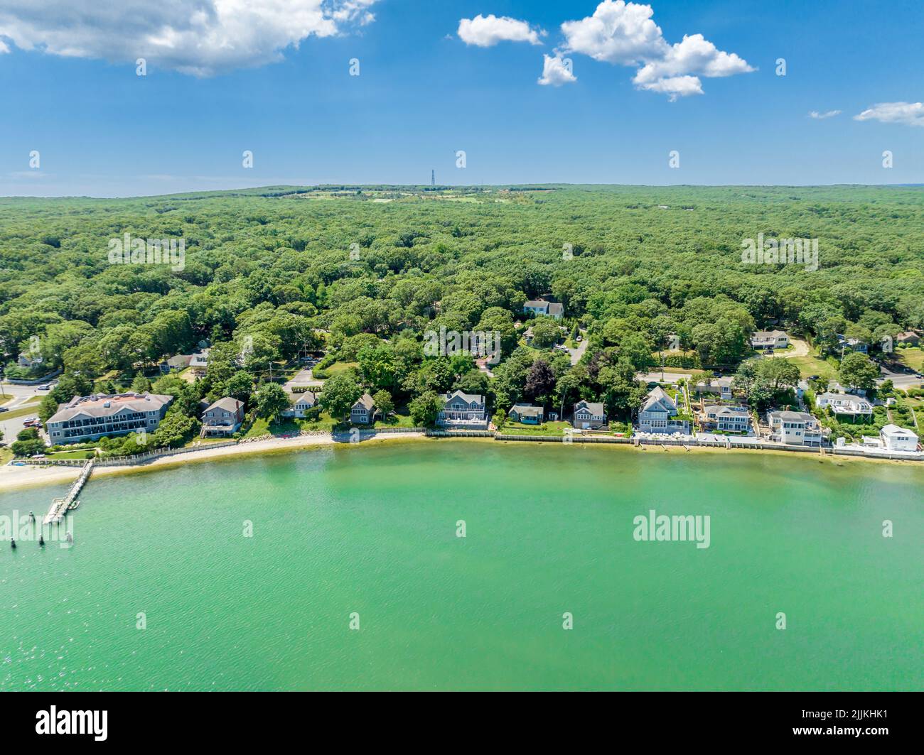 aerial view of water front properties on noyac road Stock Photo