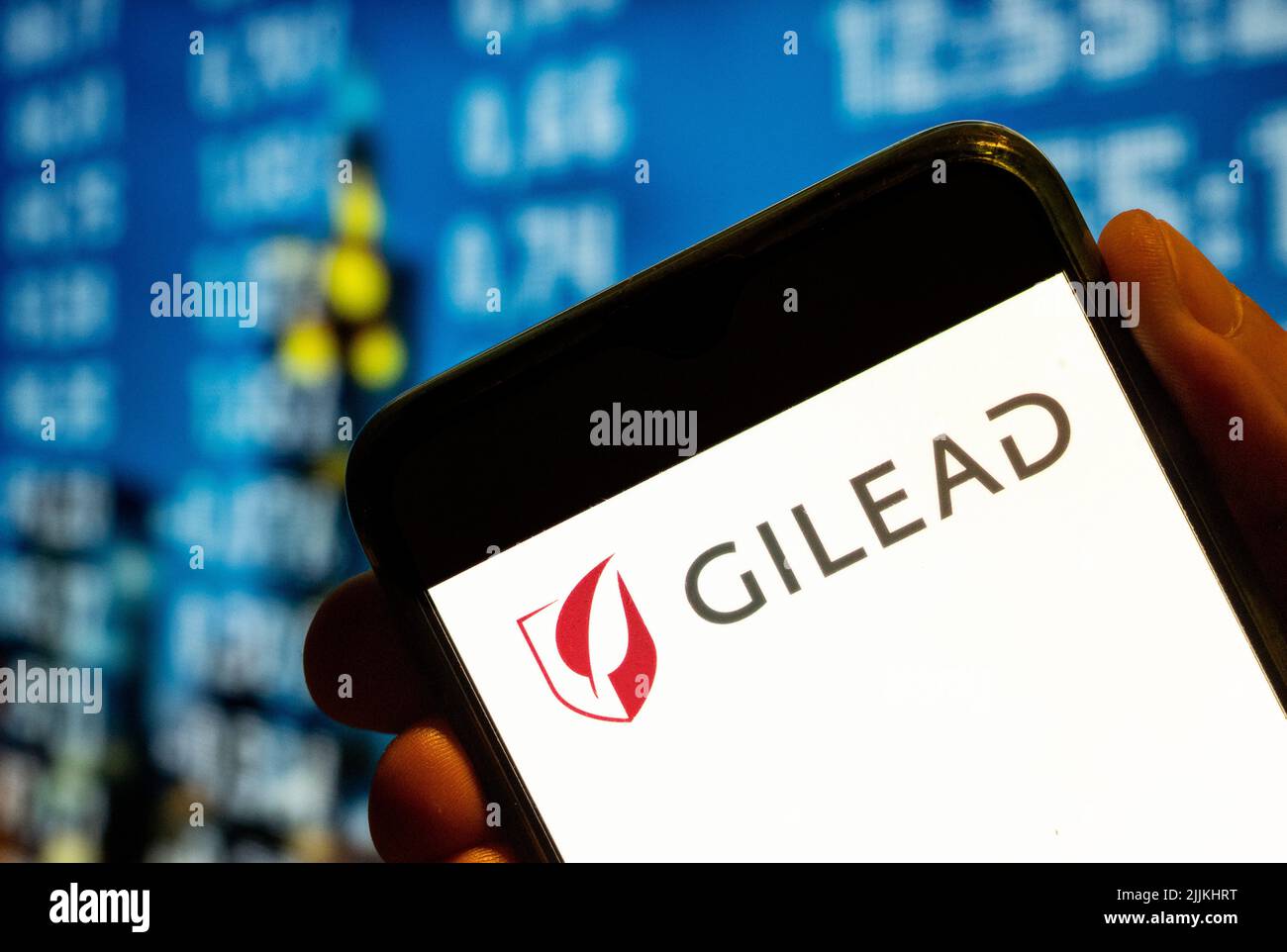 China. 25th July, 2022. In this photo illustration, the American biotechnology company Gilead Sciences logo is displayed on a smartphone screen. (Photo by Budrul Chukrut/SOPA Images/Sipa USA) Credit: Sipa USA/Alamy Live News Stock Photo