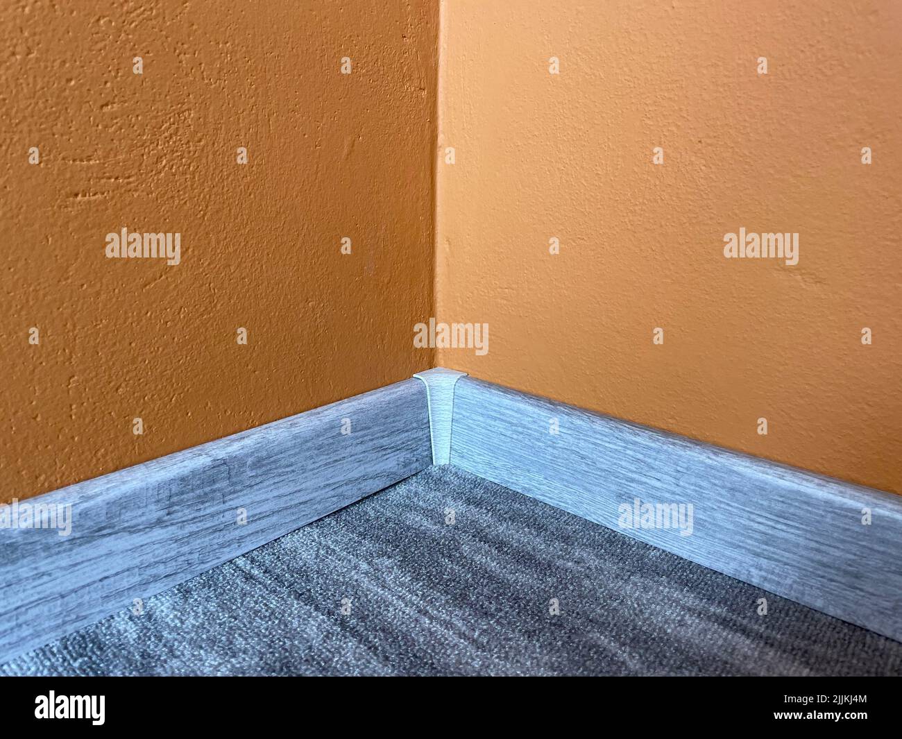 Carpet with plastic baseboard with a wooden texture. Newly installed