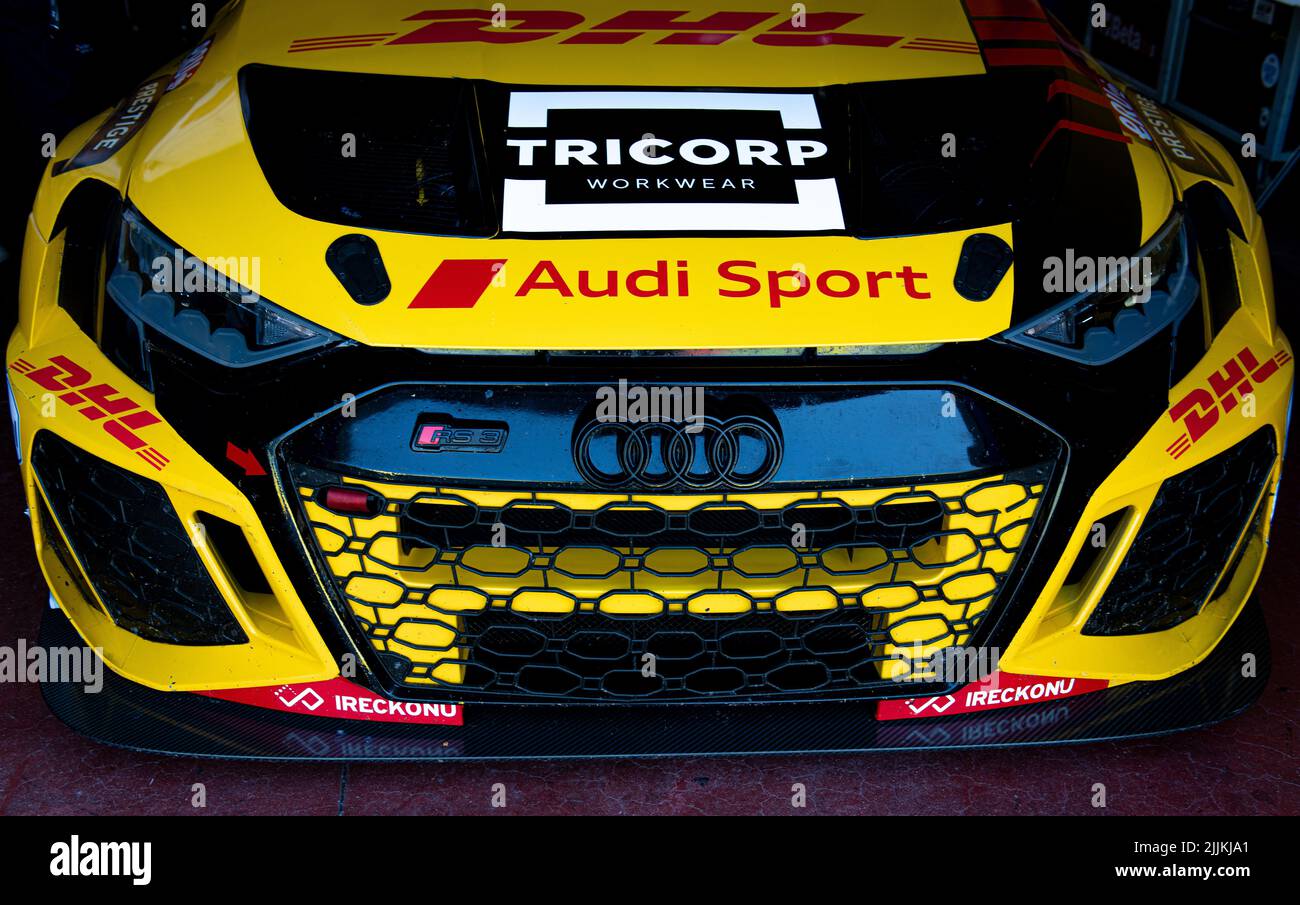 Race Audi touring car close up front view. Vallelunga, Italy, july 24 2022, Race of Italy Stock Photo
