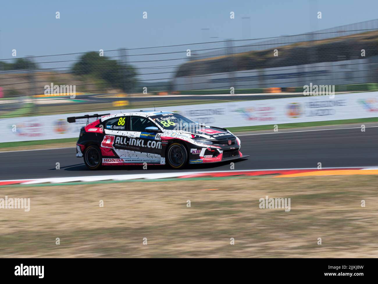 Racing Honda TCR car action on racetrack, blurred motion background. Vallelunga, Italy, july 24 2022, Race of Italy Stock Photo