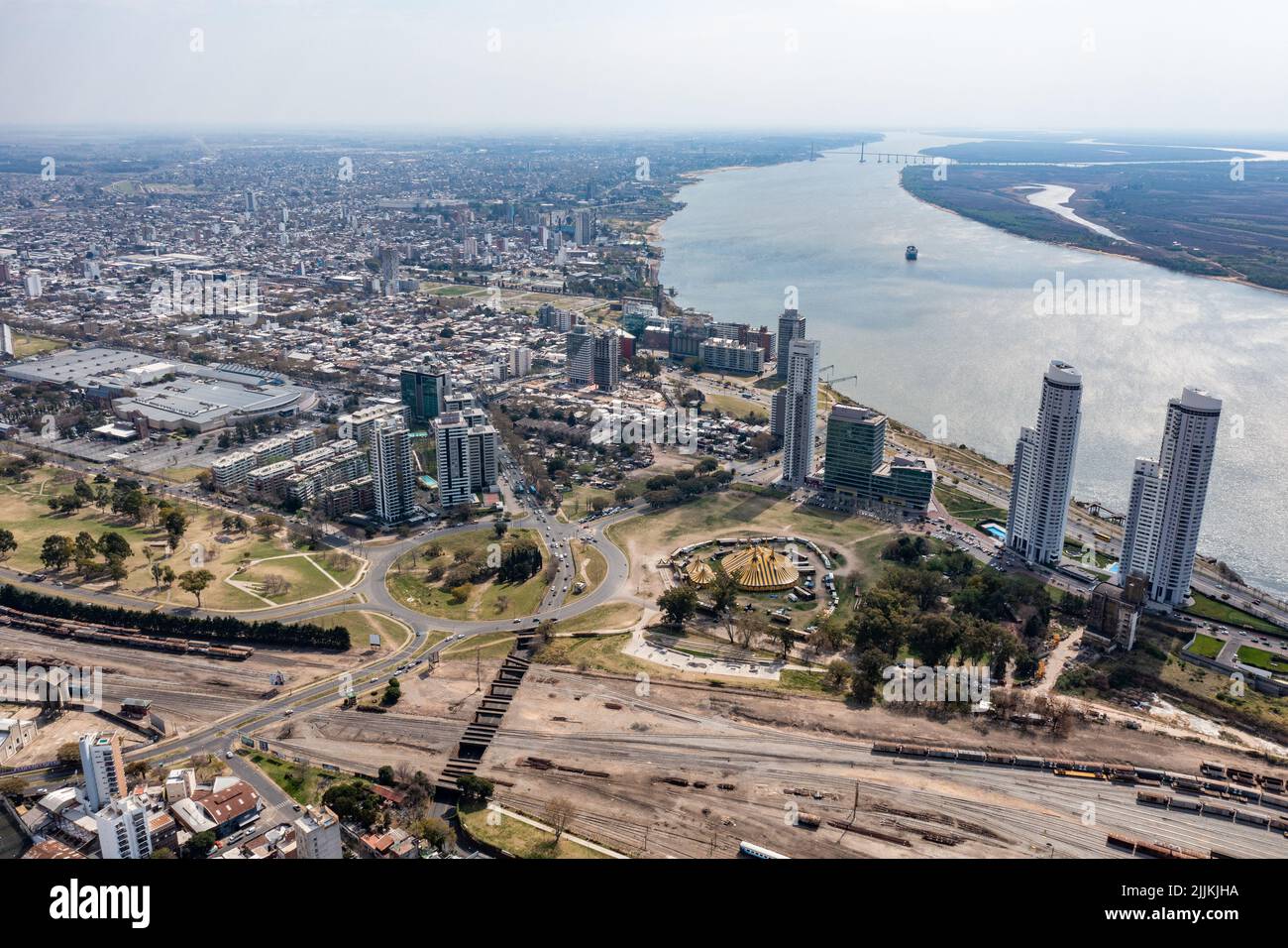 General aerial shot made with drone, of the city of Rosario, in the coastal  area next to the Parana River Stock Photo - Alamy