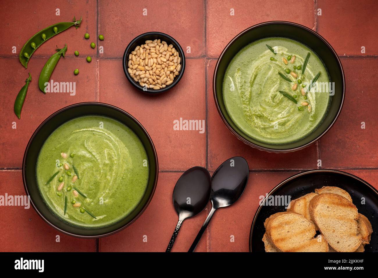 Food photography of pea soup, cream, puree, vegetable Stock Photo