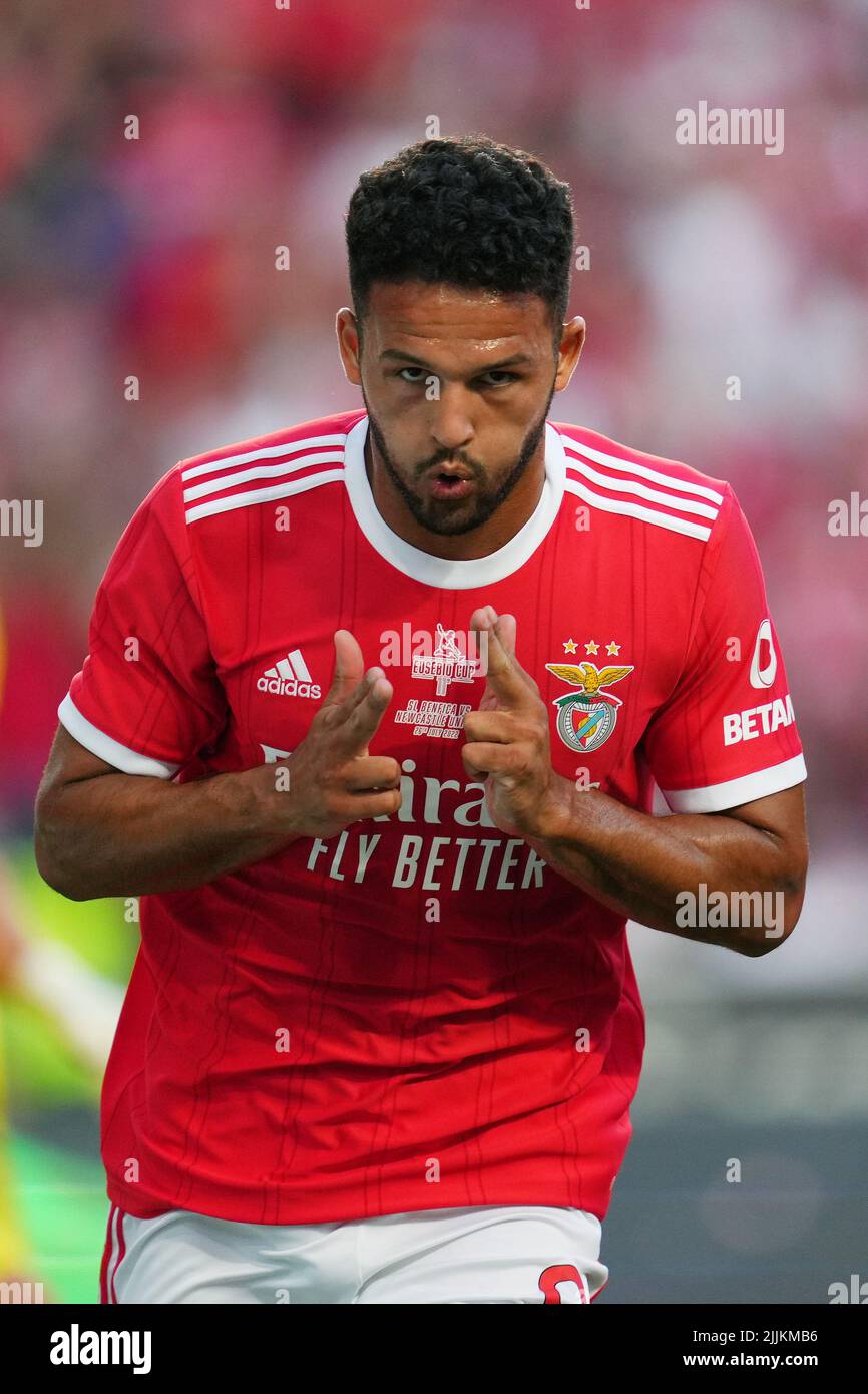 Lisbon, Portugal. July 25, 2022, Goncalo Ramos of Benfica celebrates after scoring the opening goal 1-0 during the Pre-Season Friendly Eusebio Cup match between SL Benfica and Newcastle United FC played at Estadio da Luz on July 25, 2022 in Lisbon, Portugal. (Photo by Bagu Blanco / PRESSINPHOTO) Stock Photo