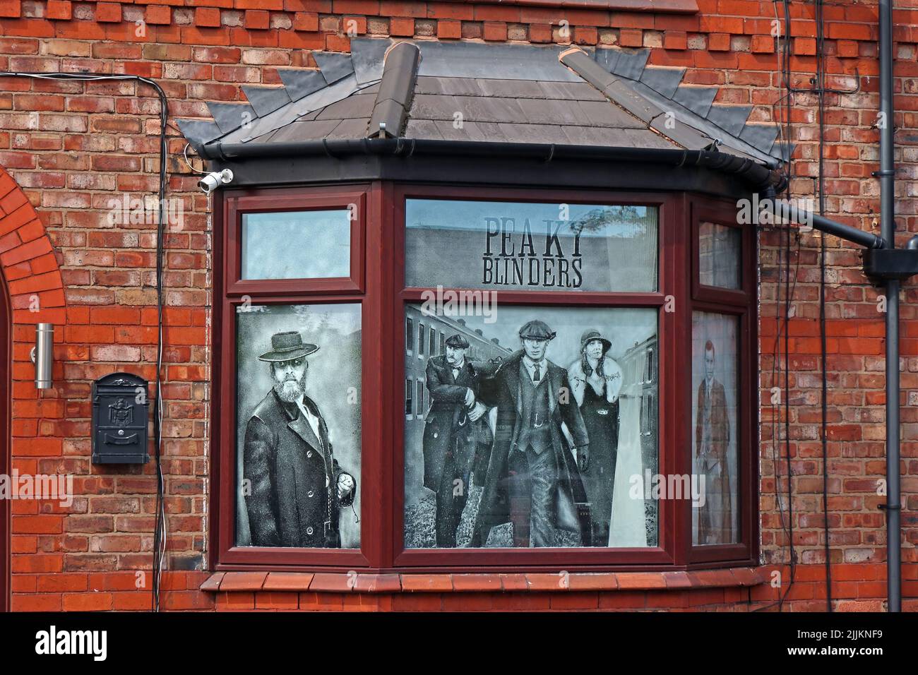 Peaky Blinders fan house , front windows, Lovely Lane , Warrington, Cheshire, England, UK, Stock Photo