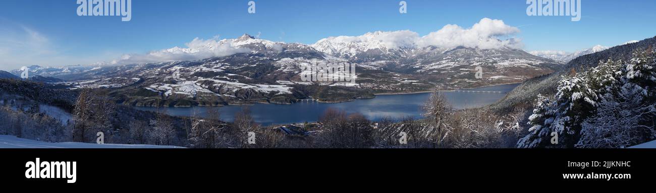 panoramic view of serre ponçon lake the alps france Stock Photo