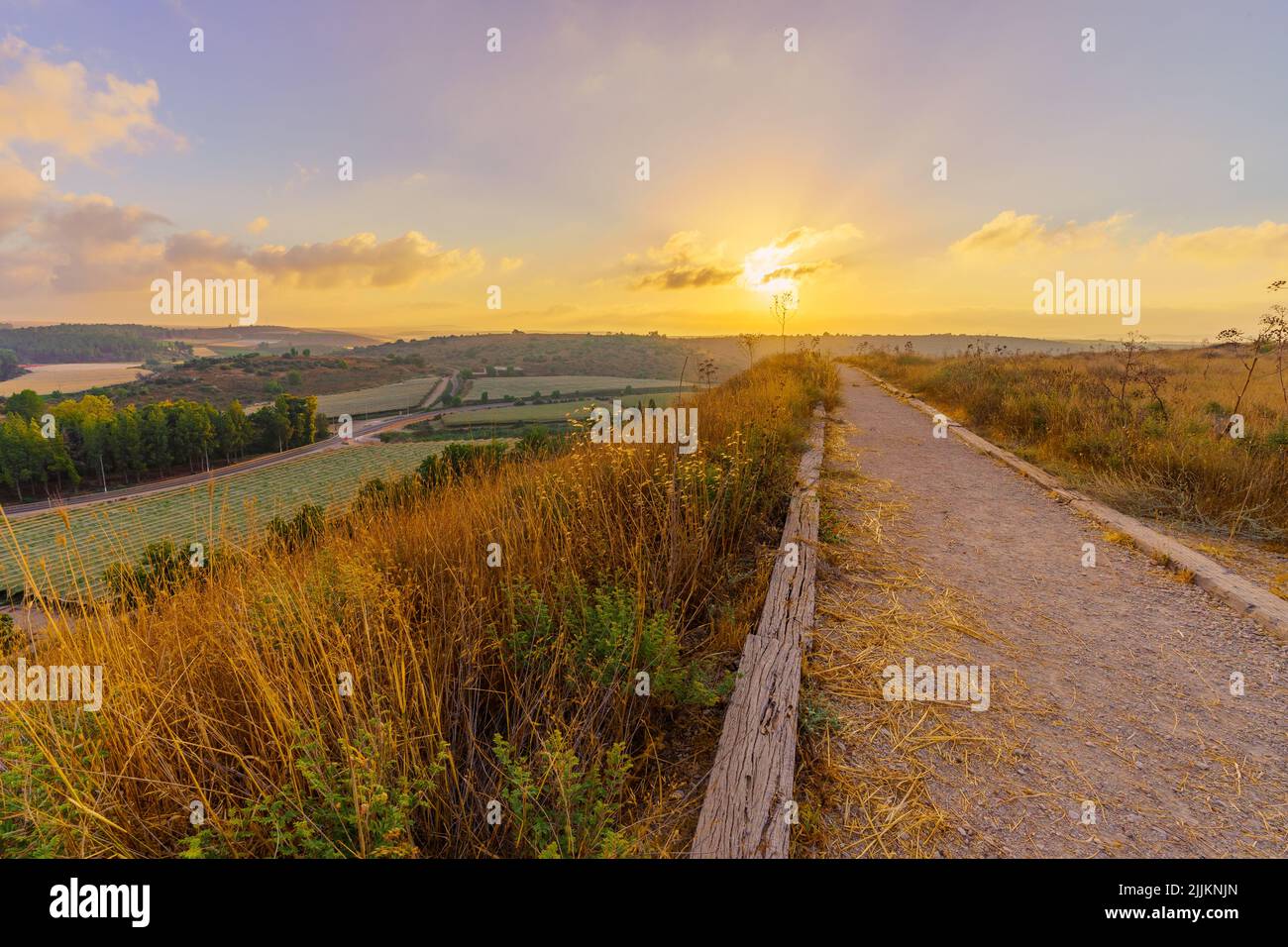 Sunrise view of a footpath, countryside and rolling hills, in Tel Lachish National Park, the Shephelah region, south-central Israel Stock Photo