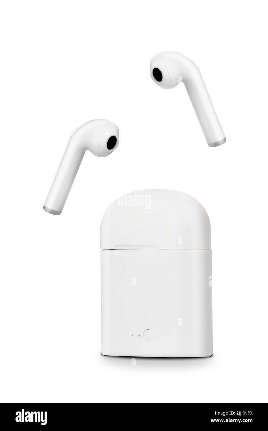 A closeup of white earphones on a white background Stock Photo