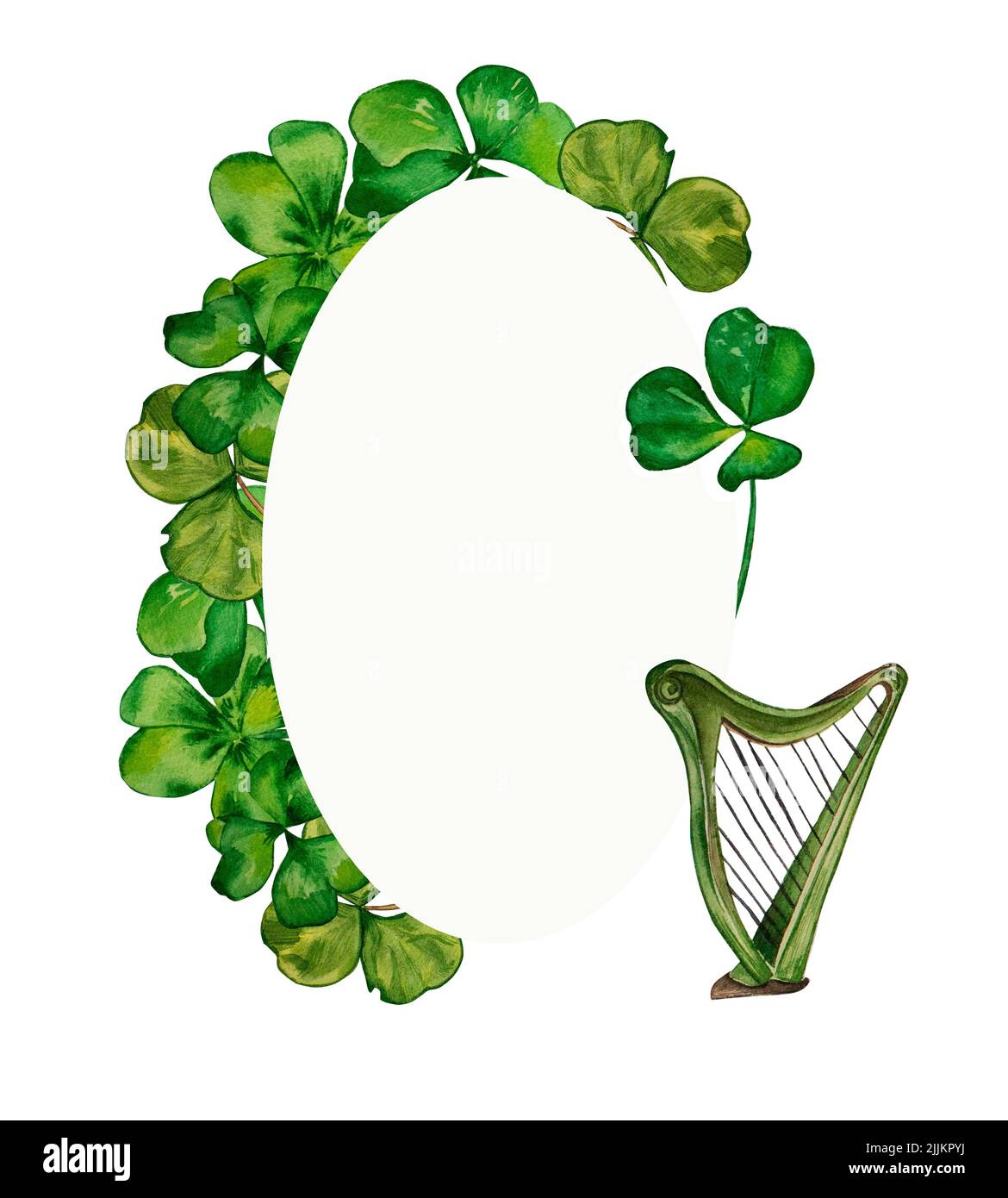 Wreath with harp and shamrock watercolor illustration on white background. Clasical musical instrument vintage hand painted. Frame of symbol of Irelan Stock Photo