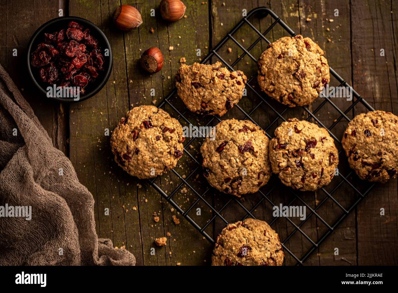 Food photography of cookie, nuts, dried cranberries Stock Photo Alamy
