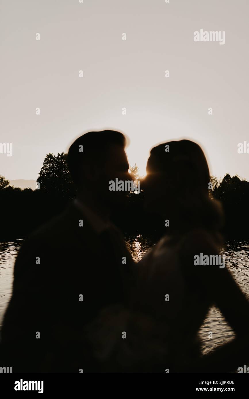 A vertical shot of the bride and the groom kissing on the sunset ...