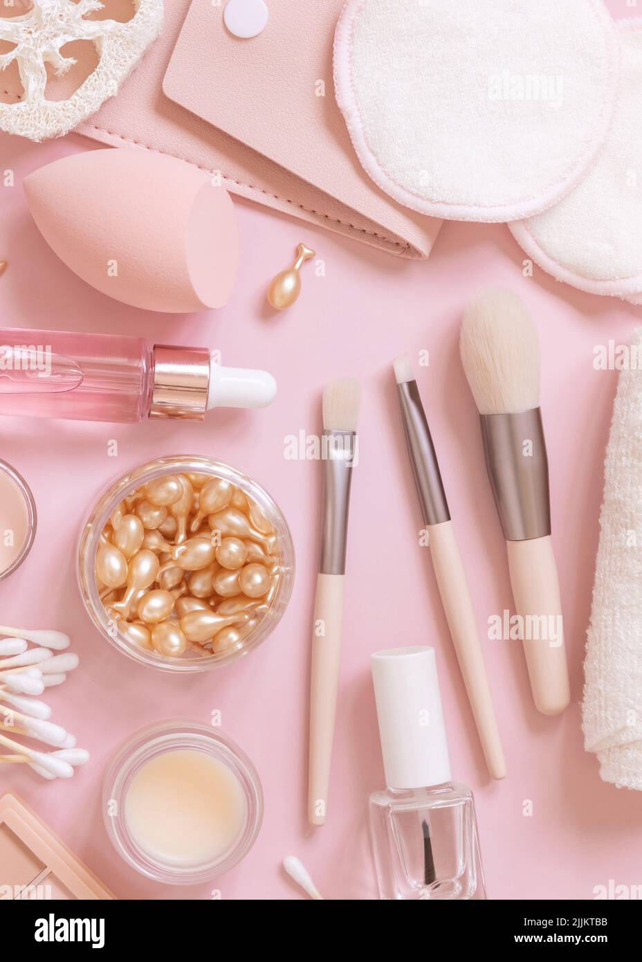 Makeup products and decorative cosmetics on pink background flat lay.  Fashion and beauty blogging concept. Top view, copy space Stock Photo -  Alamy