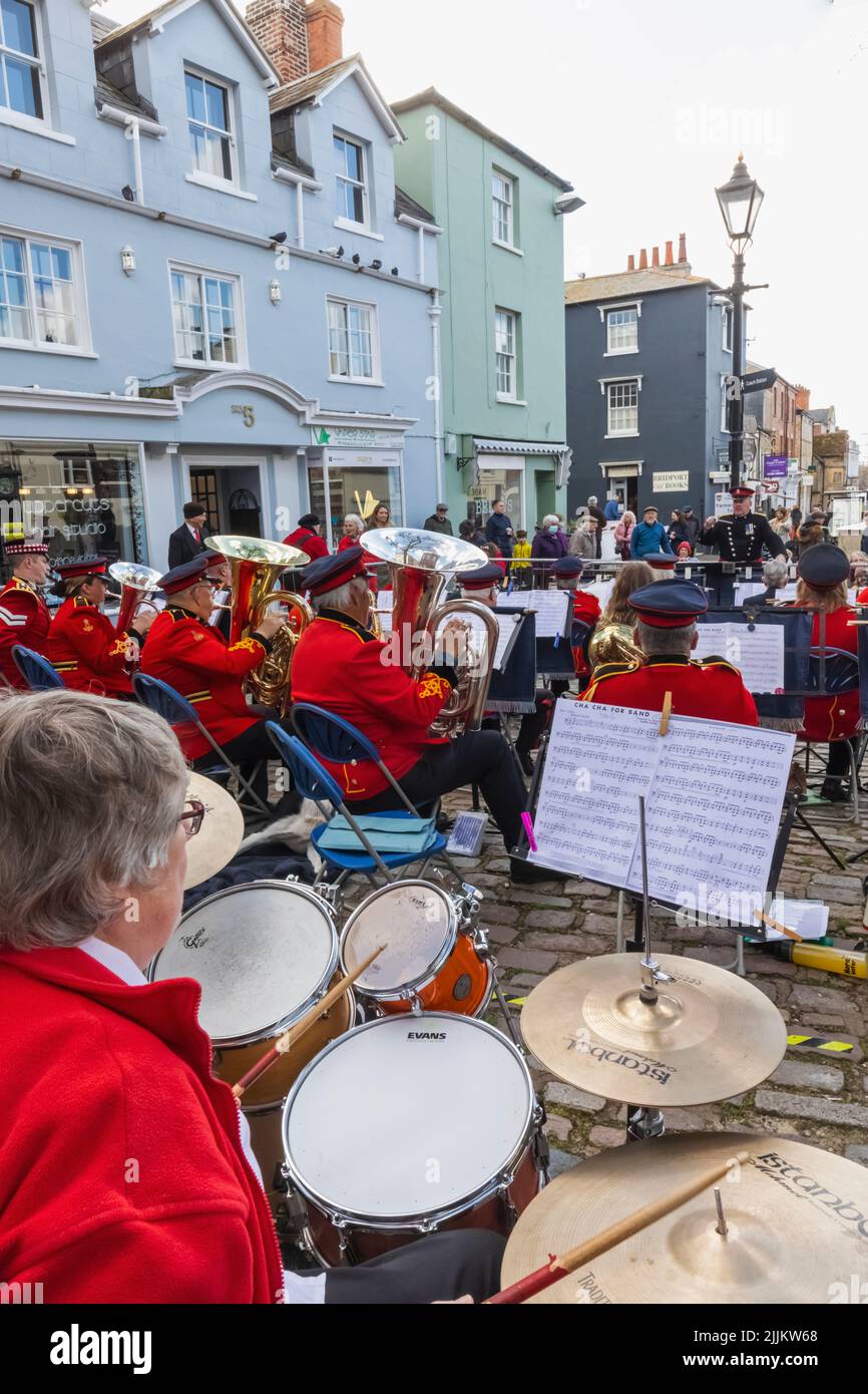 England, Dorset, Bridport, Bridport Market, Military Brass Band Stock