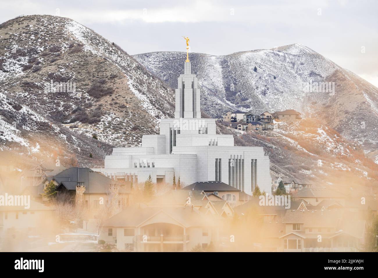 The LDS temple with golden Angel Moroni statue at the top in Drape, USA