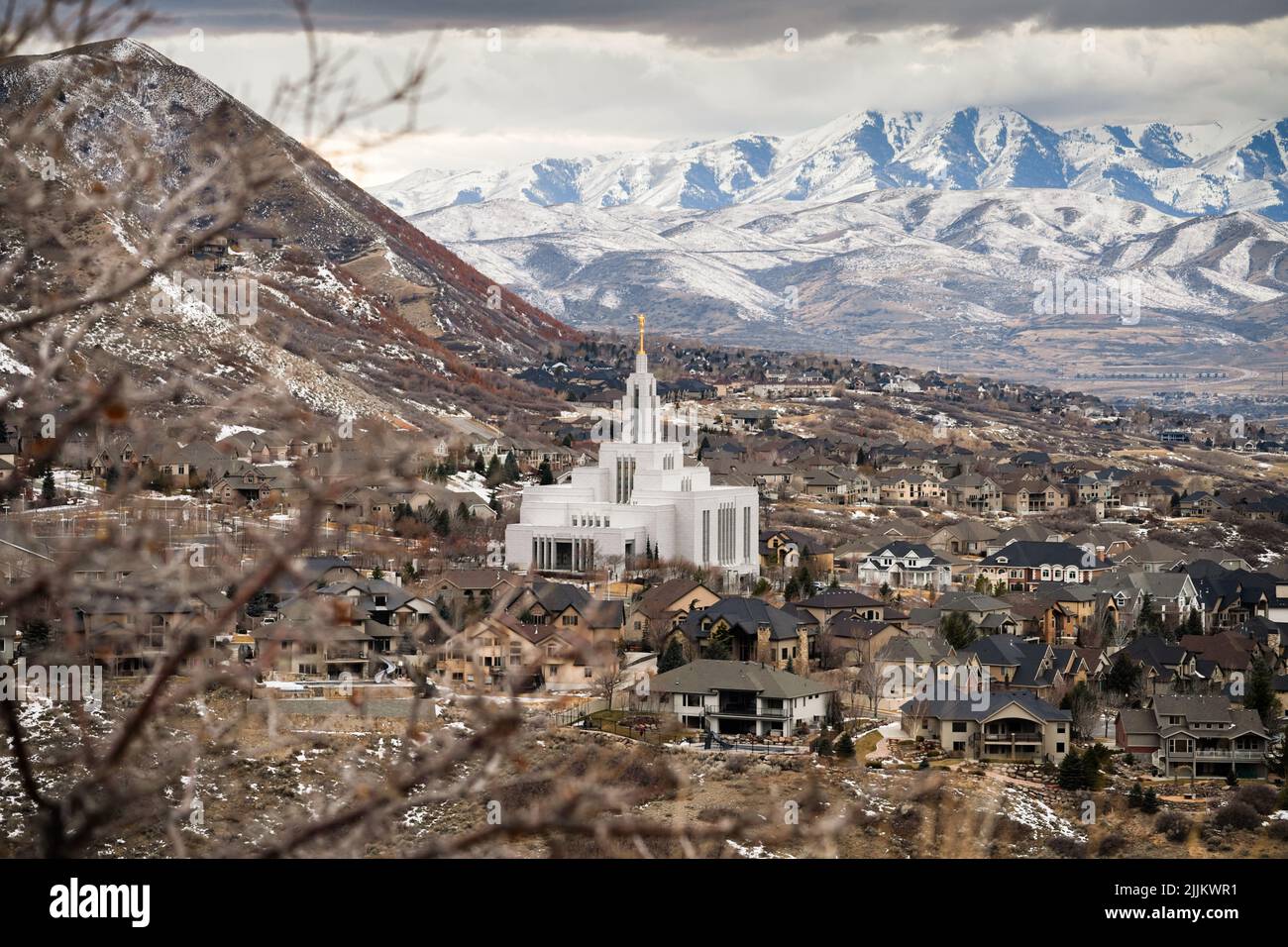The LDS temple with golden Angel Moroni statue at the top in Drape, USA