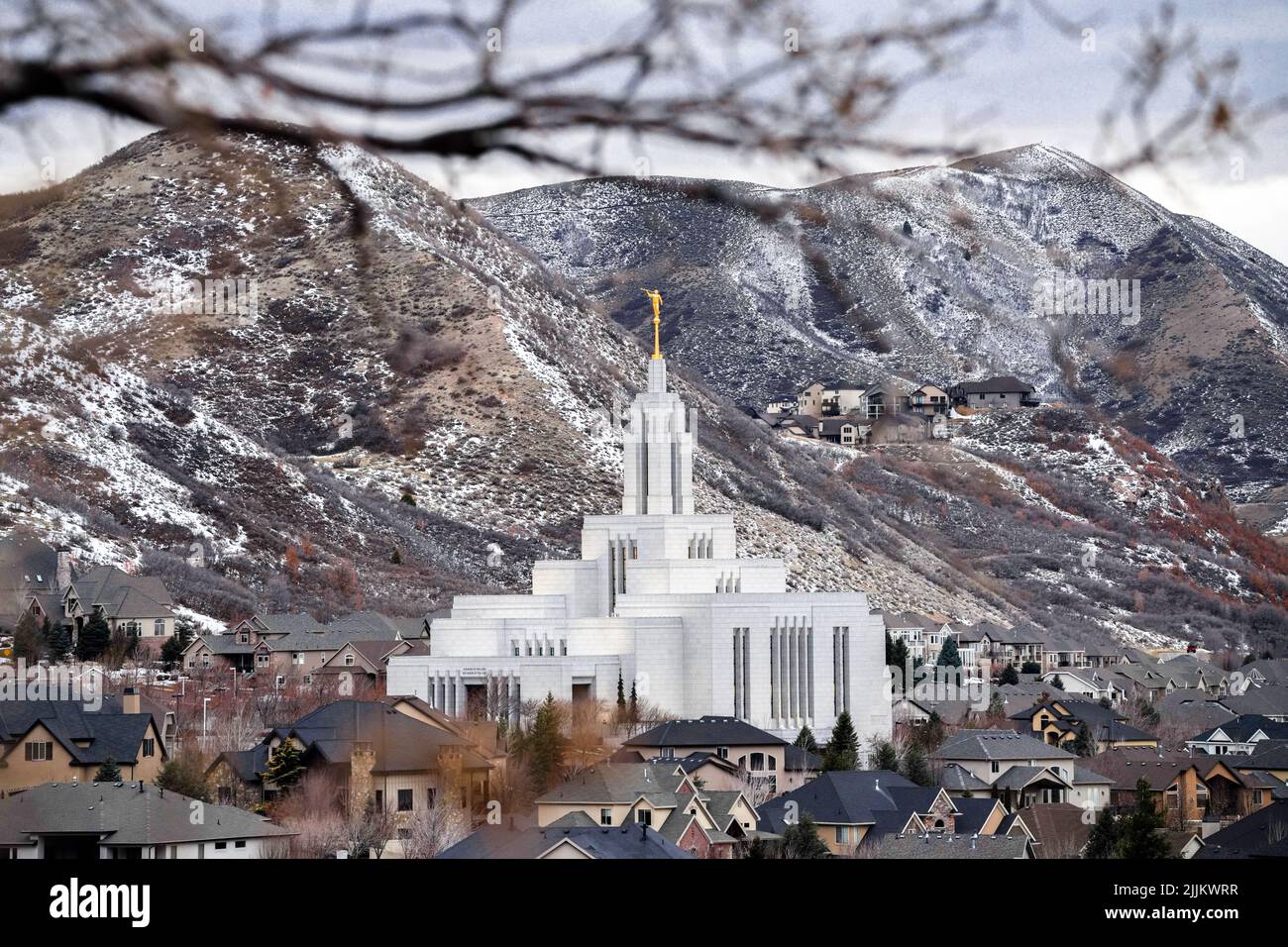 The LDS temple with golden Angel Moroni statue at the top in Drape, USA