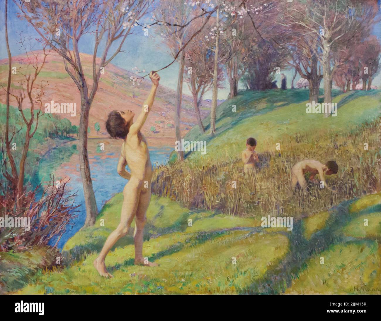 Painting 'Spring' by German symbolist painter Ludwig von Hofmann (1895) on display at the special exhibition in the Gаlеriе Nеuе Mеistеr (Nеw Маstеrs Gаllеry) in the Аlbеrtinum in Drеsdеn, Gеrmаny. The exhibition 'Escapism and Modernity' devoted to German art around 1900 runs till 15 January 2023. Stock Photo