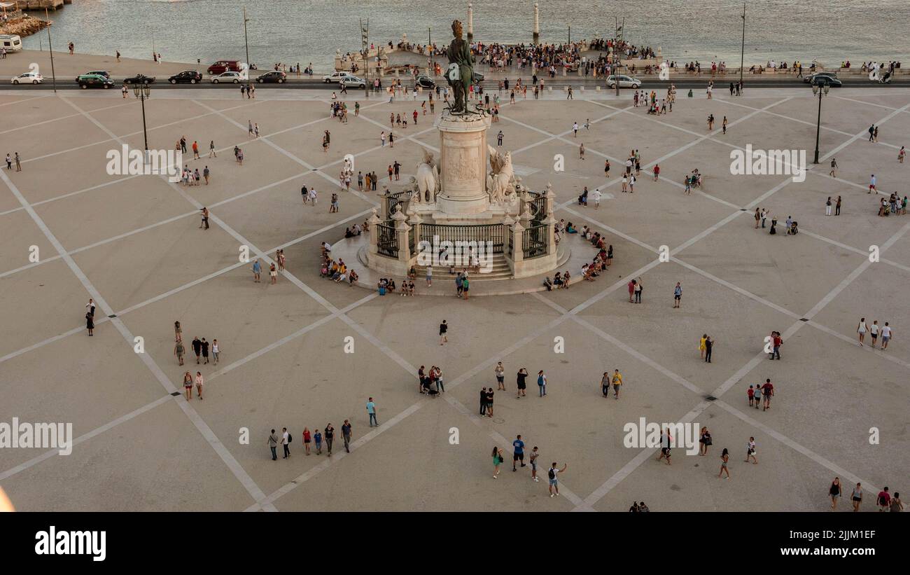A high angle view of people in the central square of Lisbon Stock Photo