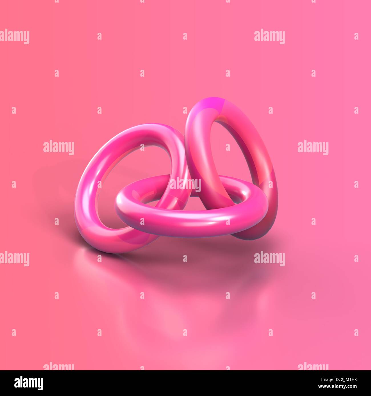 Three 3D Interlocking Rings on a pink background, 3D Render Stock Photo