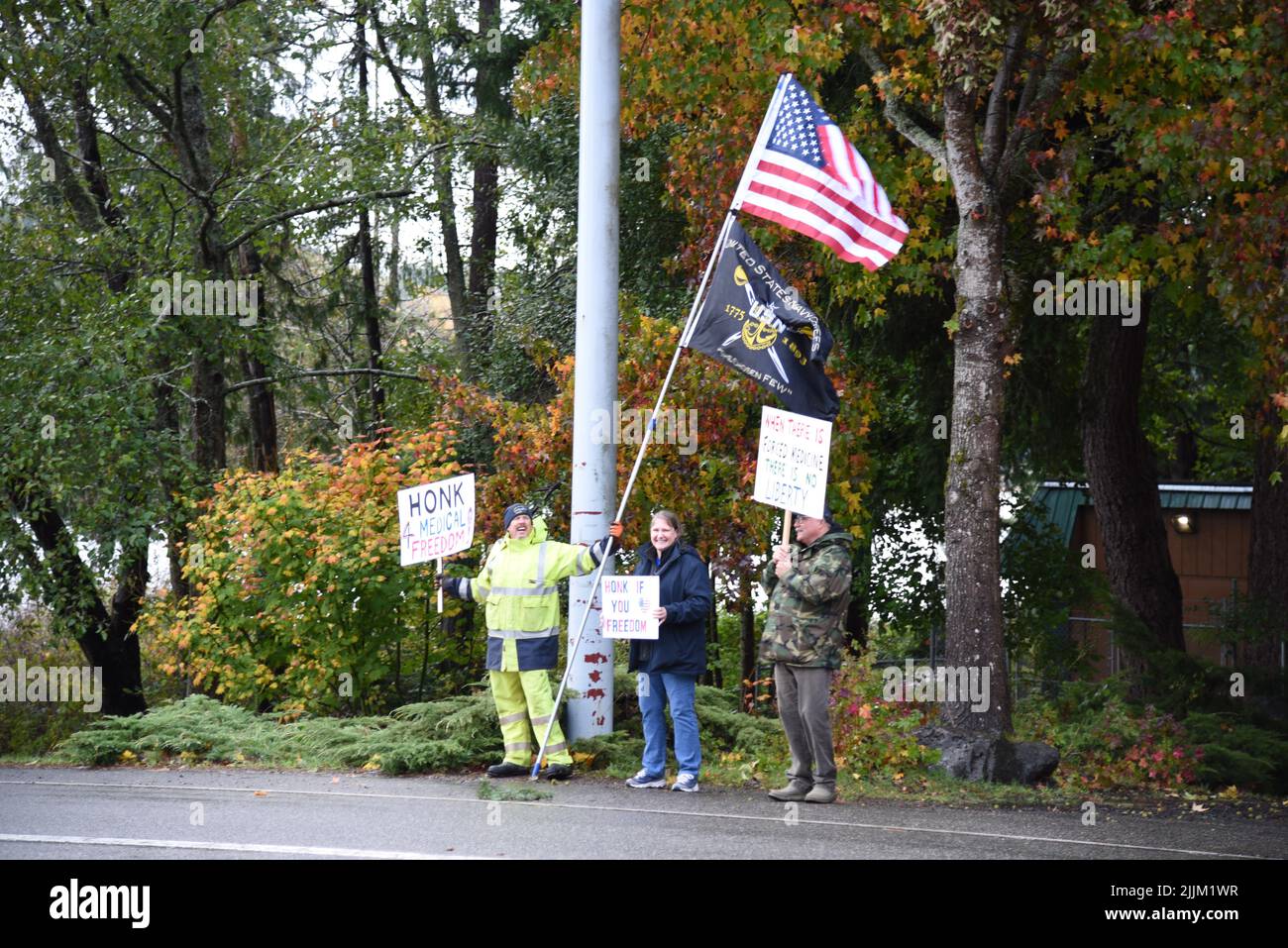 The protestors demonstrate against vaccine mandates in Bremerton, Kitsap County, Washington, United States Stock Photo