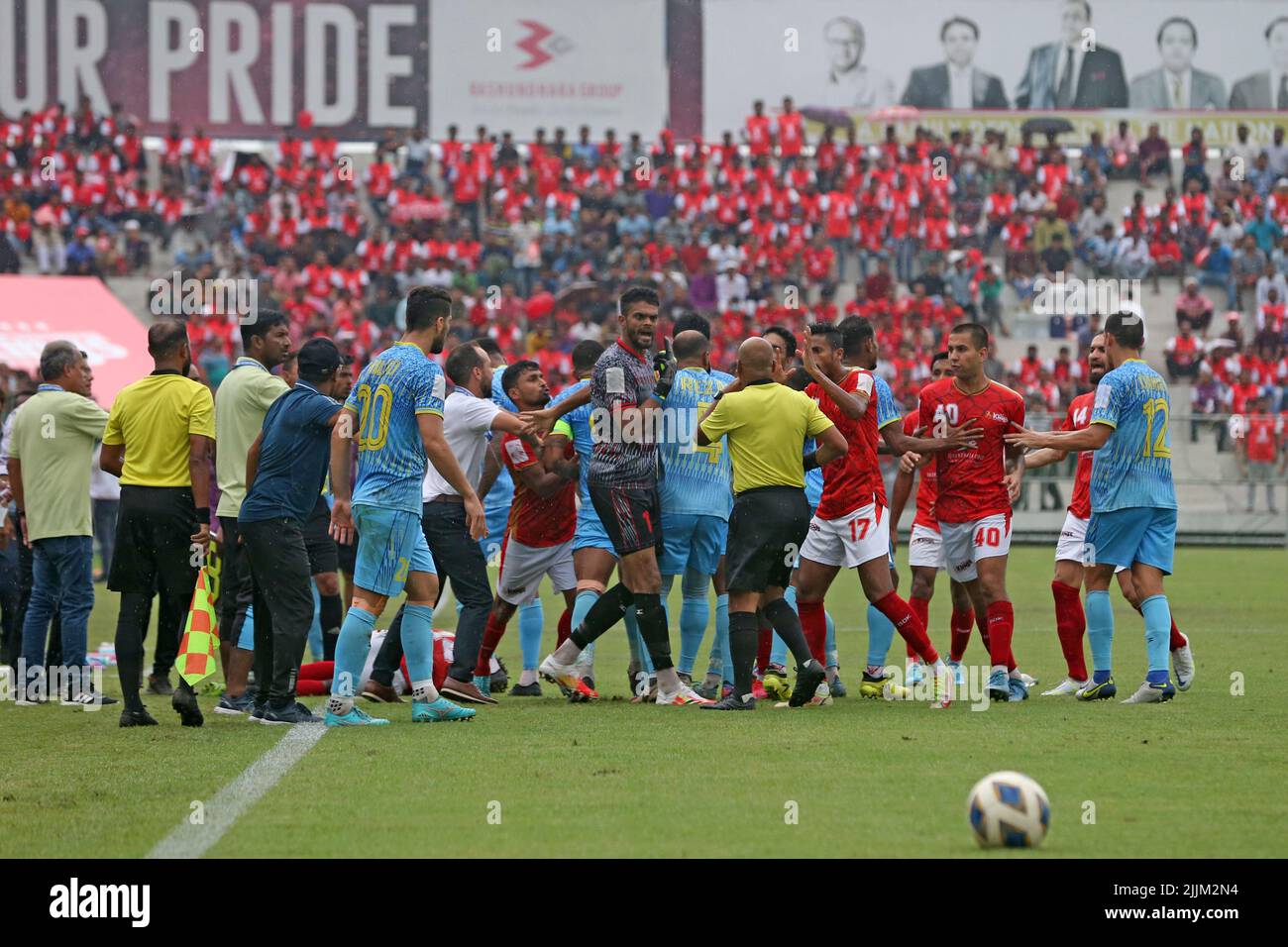 The players of the two teams got into an argument and clash during the Bangladesh Premier League match between Basundhra Kings and Abahani Ltd. At the Stock Photo