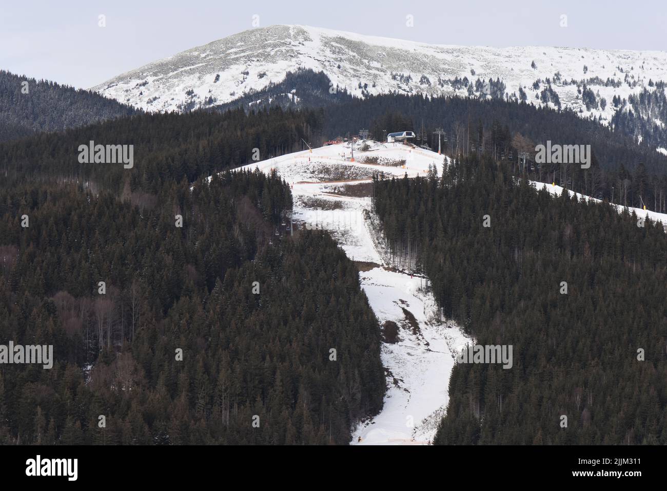 An aerial view of the Carpathian mountains during winter in Ukraine Stock Photo
