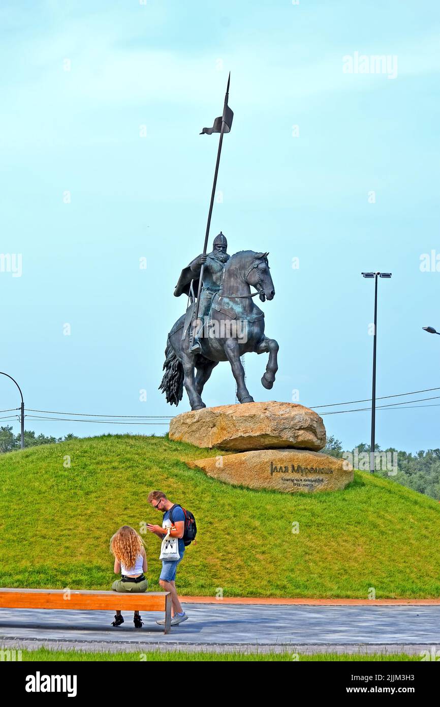 Ilya Muromets aka Ilya of Murom (Ilya Murometz), bogatyr (knight-errant) with helmet and spear, folk hero of ancient Kievan Rus in Kiev, Ukraine. Stock Photo