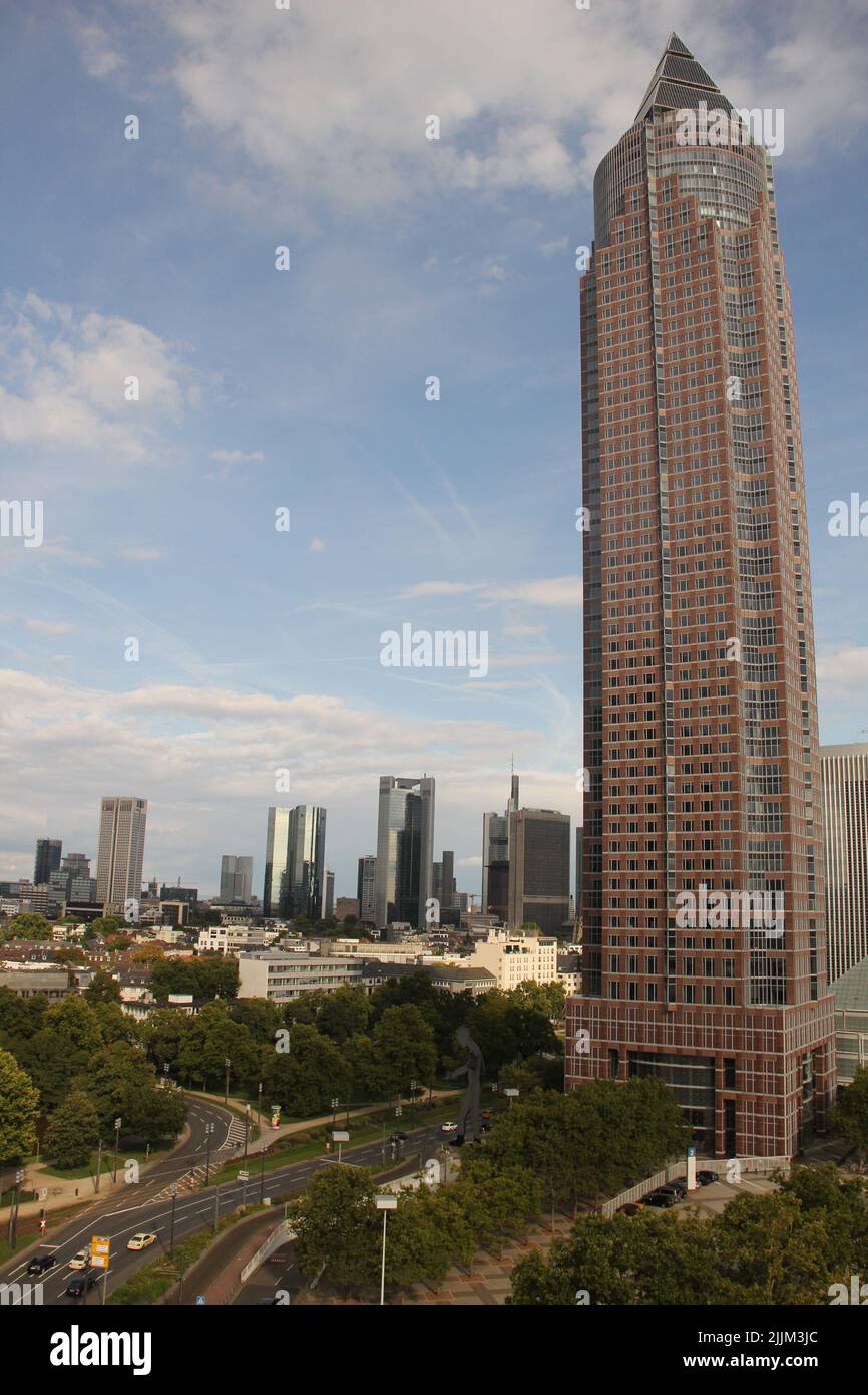 A vertical shot of MesseTurm Skyscraper in Frankfurt, Germany Stock Photo