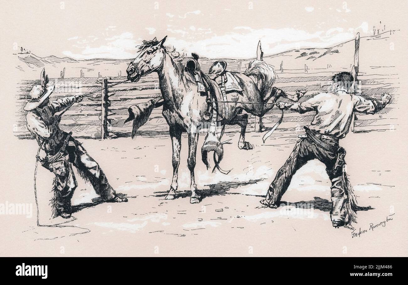 Bronco Busters Saddling.  After a work by American artist Frederic Sackrider Remington, 1861 – 1909. Stock Photo