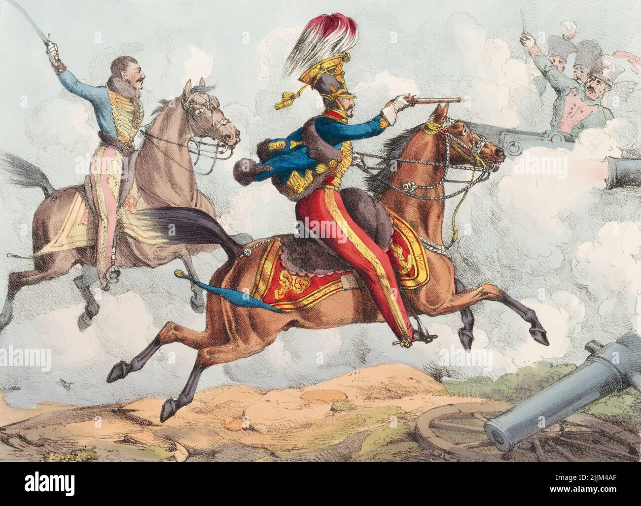 A cavalry charge against artillery in a 19th century battle.  After a work by Henry Alkin published in London 1824. Stock Photo