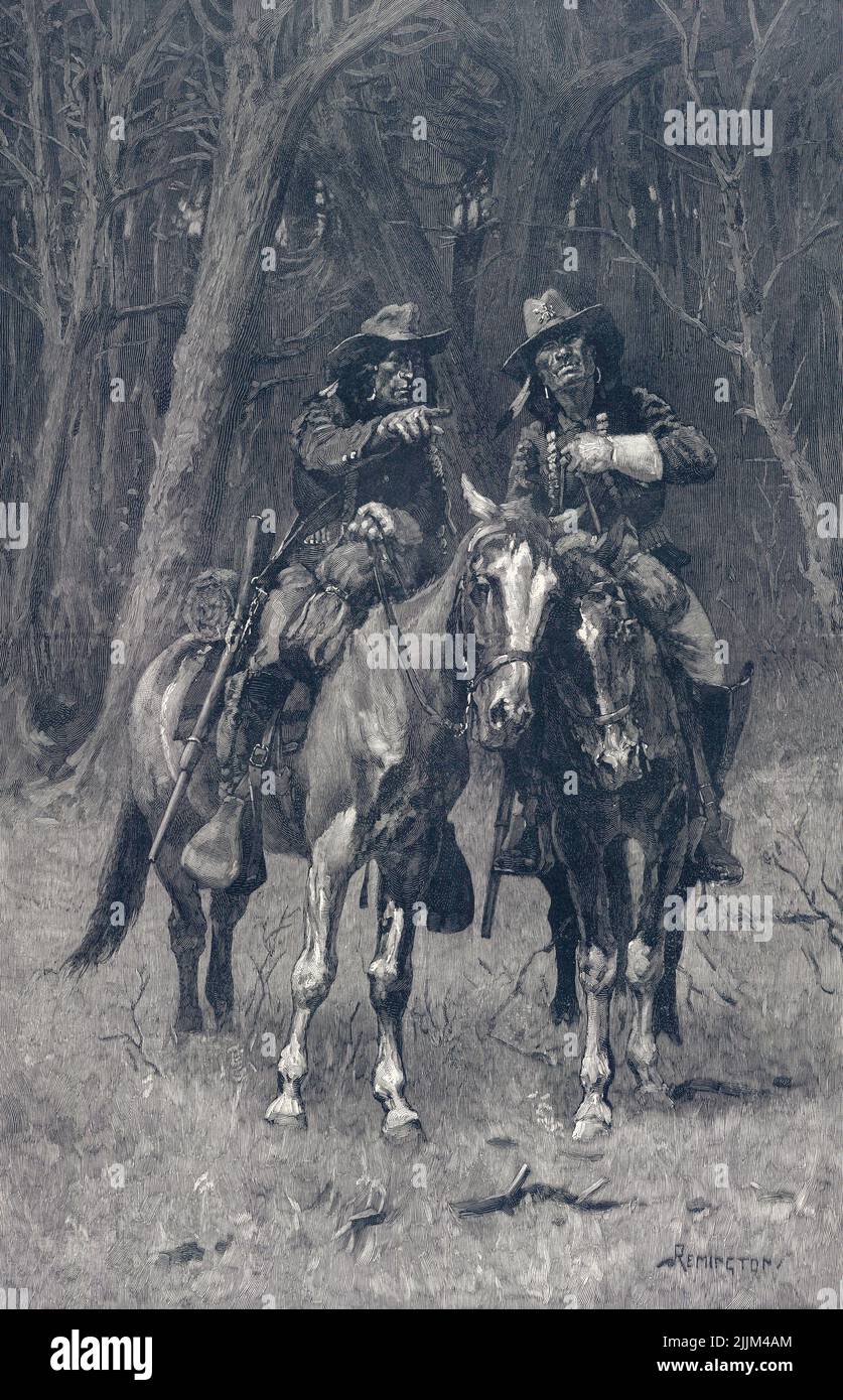 Cheyenne Scouts Patrolling the Big Timber of the North Canadian, Oklahoma.  After a work by American artist Frederic Sackrider Remington, 1861 – 1909. Stock Photo