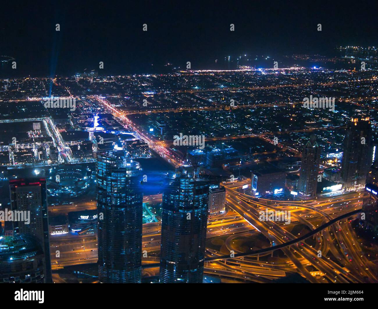 An aerial view of Dubai at night Stock Photo