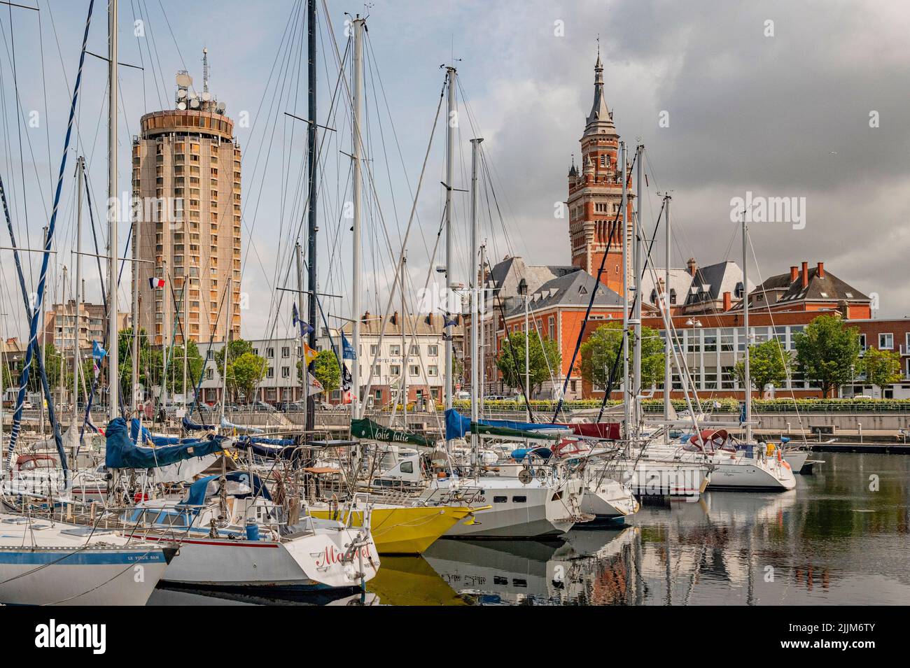 The  tour du Reuze (left) and belfry of the town hall (rigth) seen from the port, Dunkerque, France Stock Photo