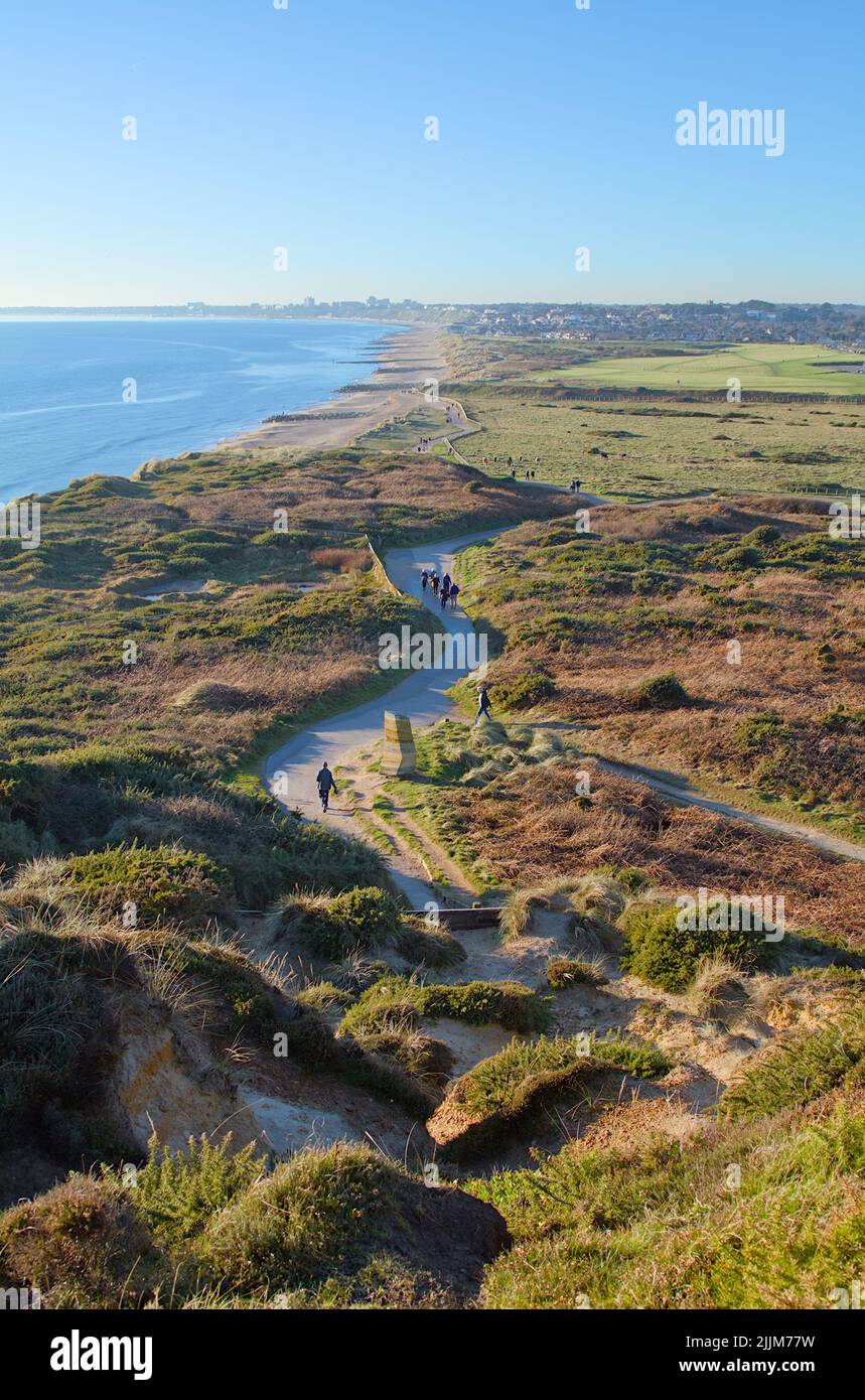 View From Warren Hill Hengistbury Head Back Along The Coast To Bournemouth Town And Southbourne Beaches Showing Winding Path, UK Stock Photo