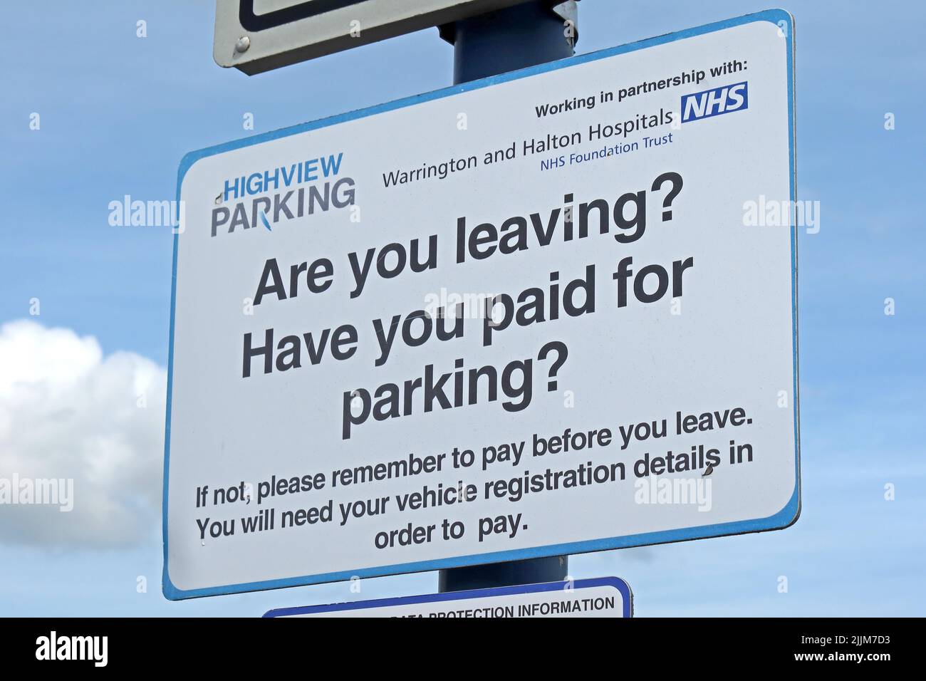 Parking for staff, patients and visitors, sign at NHS, at Warrington hospital, Lovely Lane, Warrington, Cheshire, England, UK, WA5 1QG Stock Photo