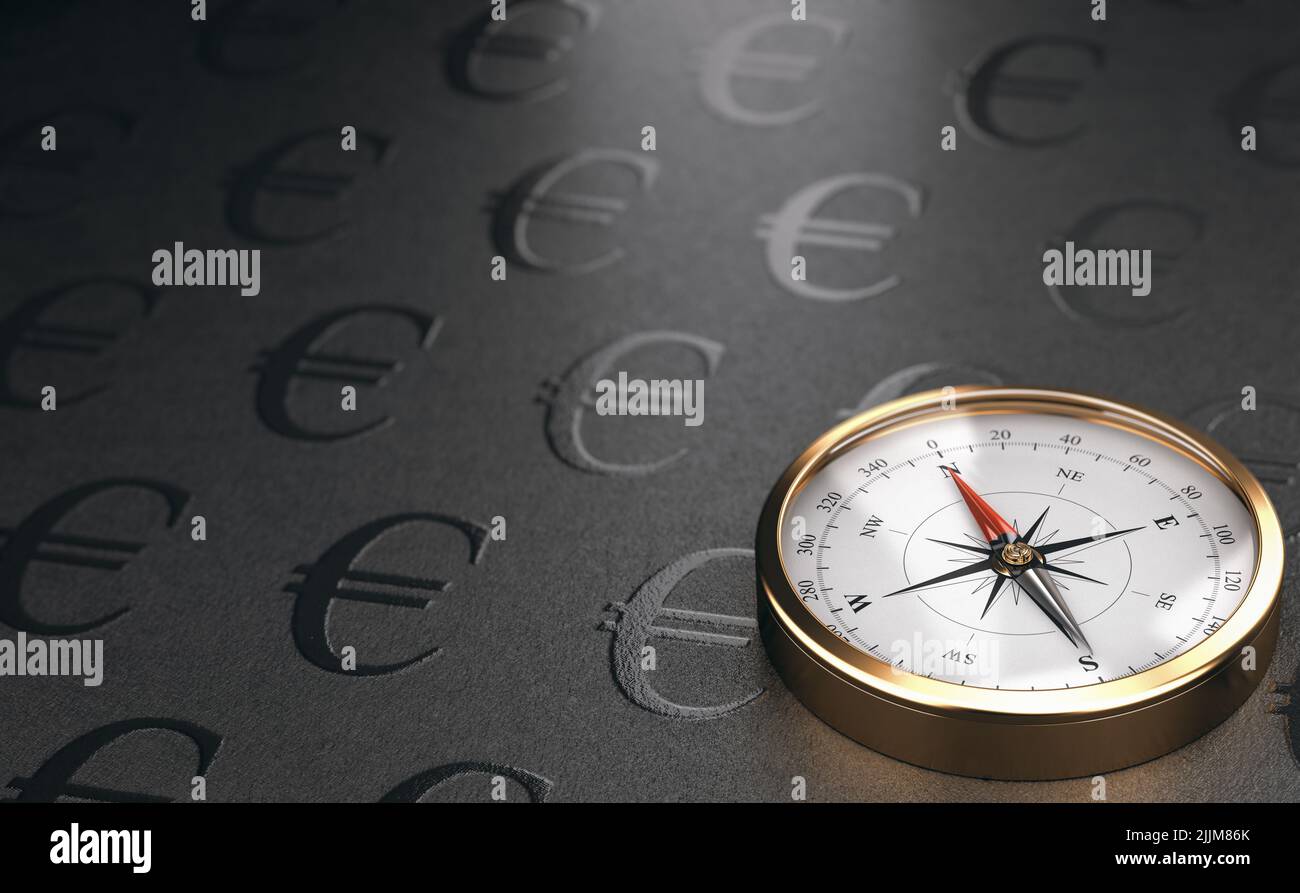 Golden compass over black background with euro symbol and copy space. Concept of asset management and financial services. 3D illustration. Stock Photo