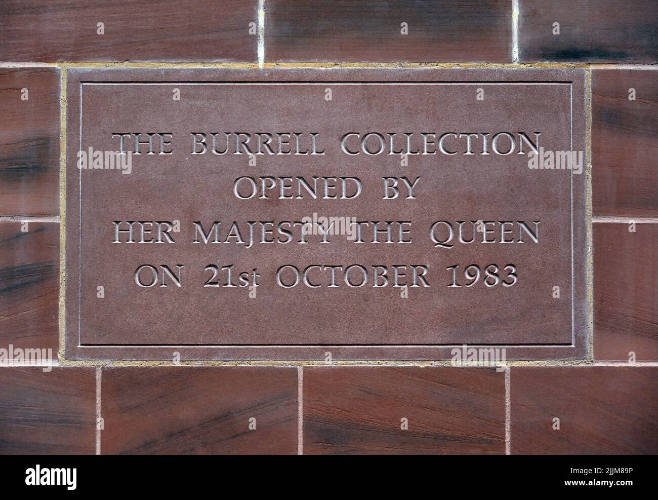Stone commemorating the opening of The Burrell Collection by Her Majesty The Queen on 21st October 1983.; The Burrell Collection; Glasgow; Scotland. Stock Photo
