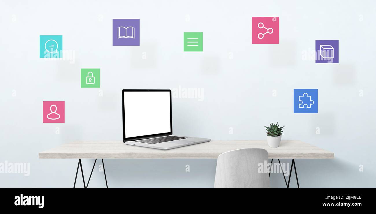Laptop with isolated screen for mockup on work desk surrounded with flying internet icons Stock Photo