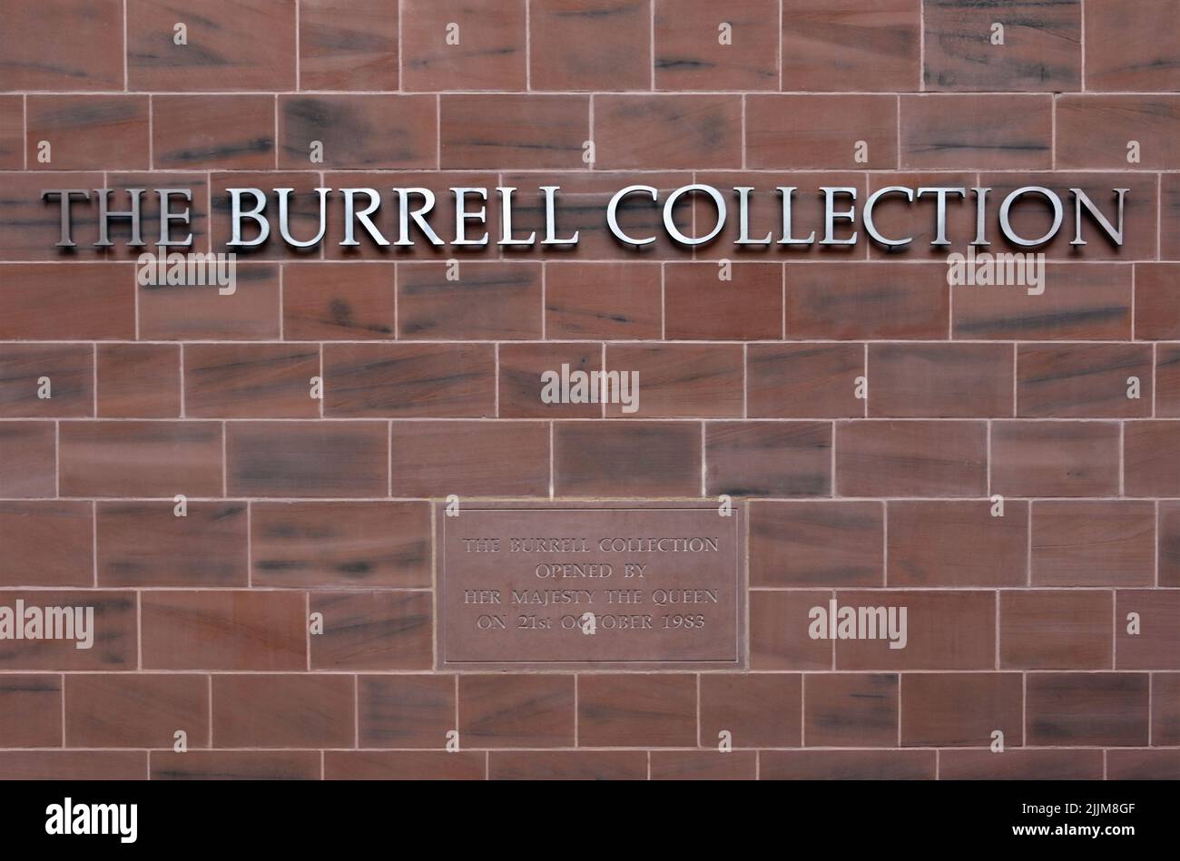 Stone commemorating the opening of The Burrell Collection by Her Majesty The Queen on 21st October 1983.; The Burrell Collection; Glasgow; Scotland. Stock Photo